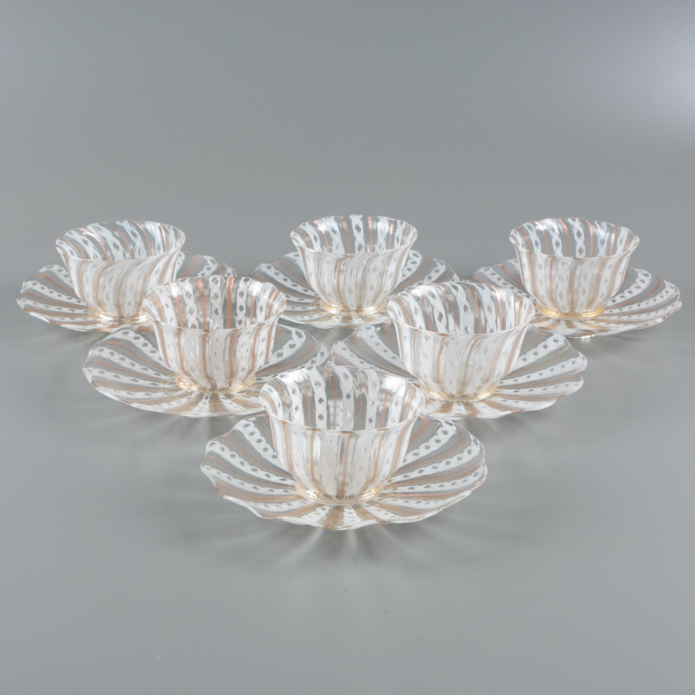 Vintage Murano Style Filigrana Blown Glass Finger Bowls and Underplates