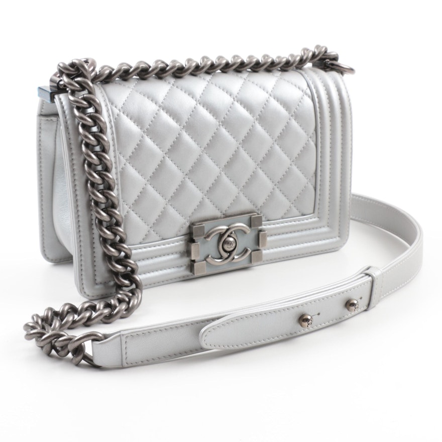 2014 Chanel Silver Metallic Calfskin Crossbody Boy Bag with Ruthenium Hardware