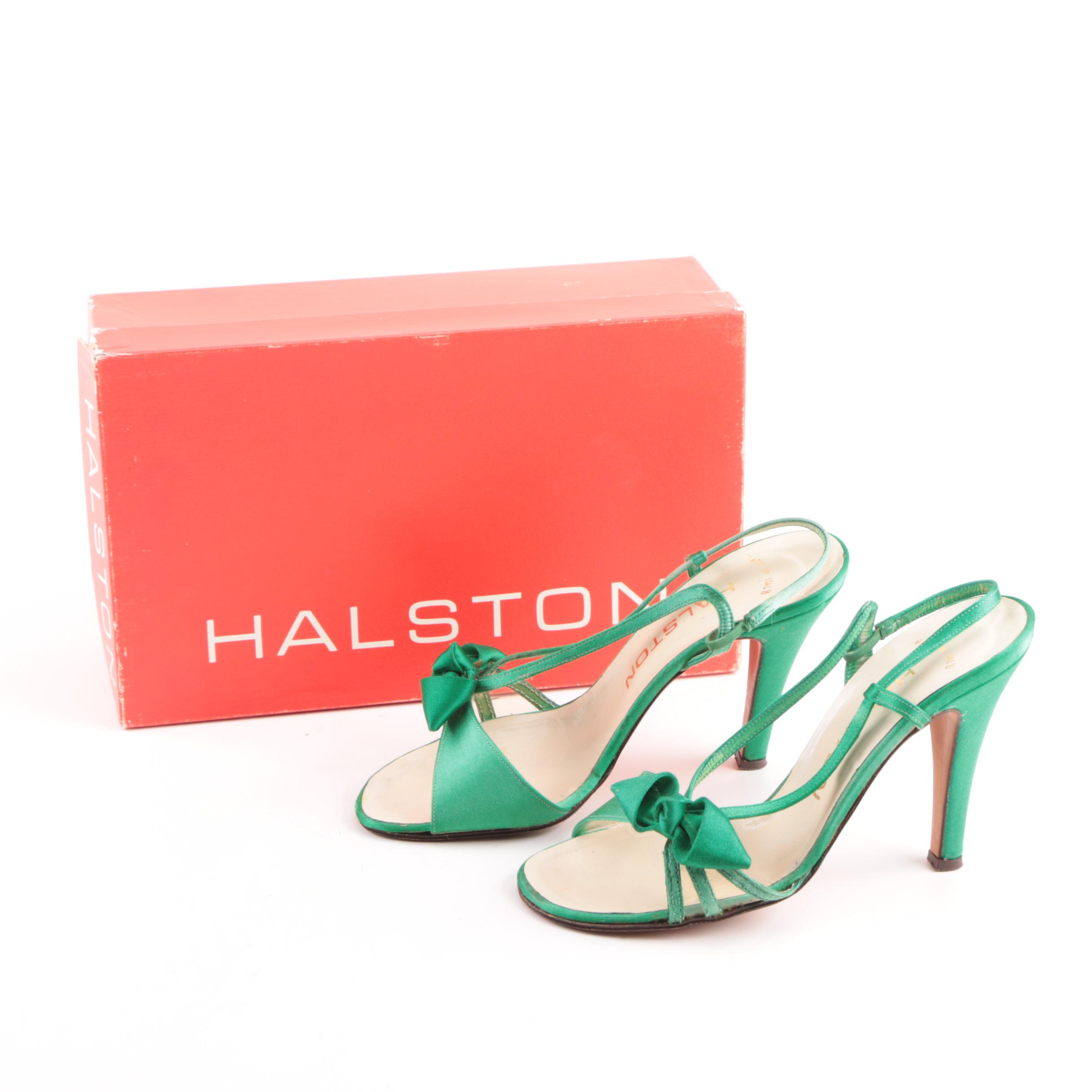 Women's 1980s Vintage Halston Green Satin High-Heeled Sandals