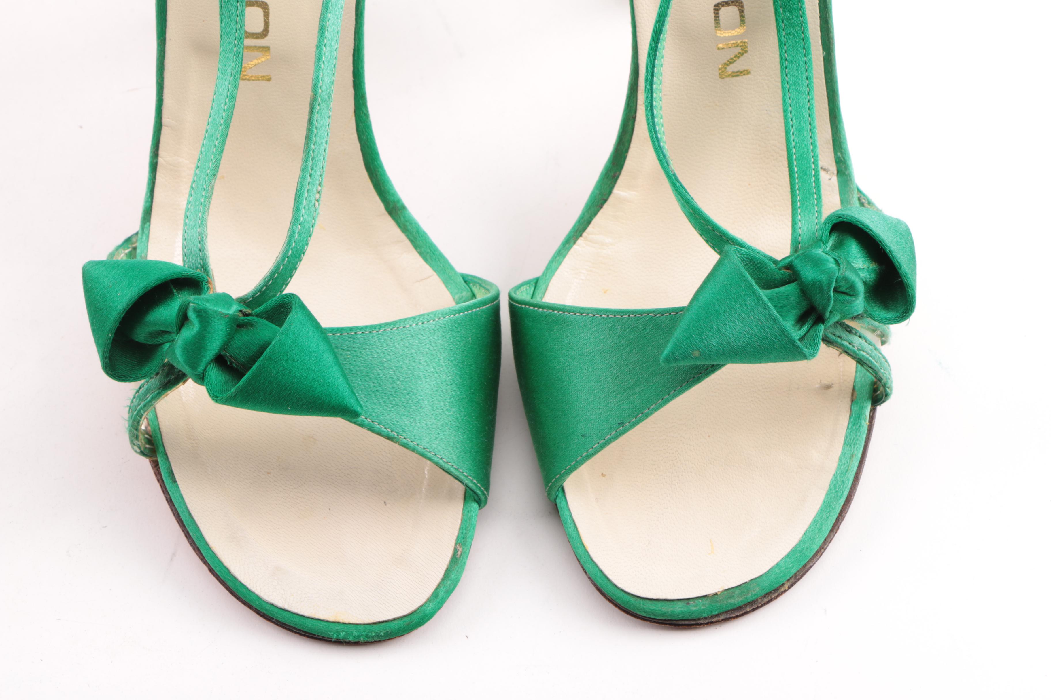 Women's 1980s Vintage Halston Green Satin High-Heeled Sandals