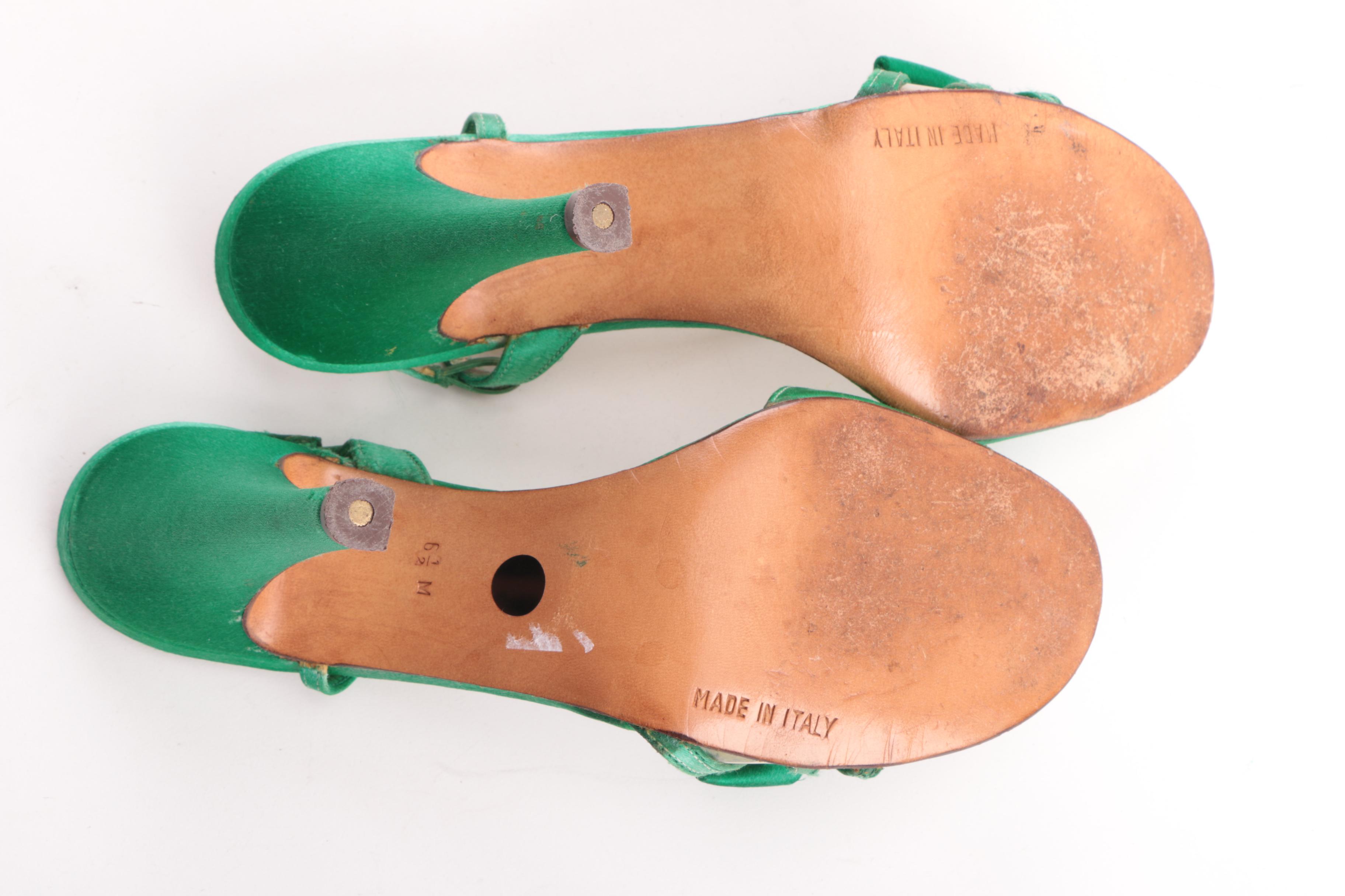 Women's 1980s Vintage Halston Green Satin High-Heeled Sandals