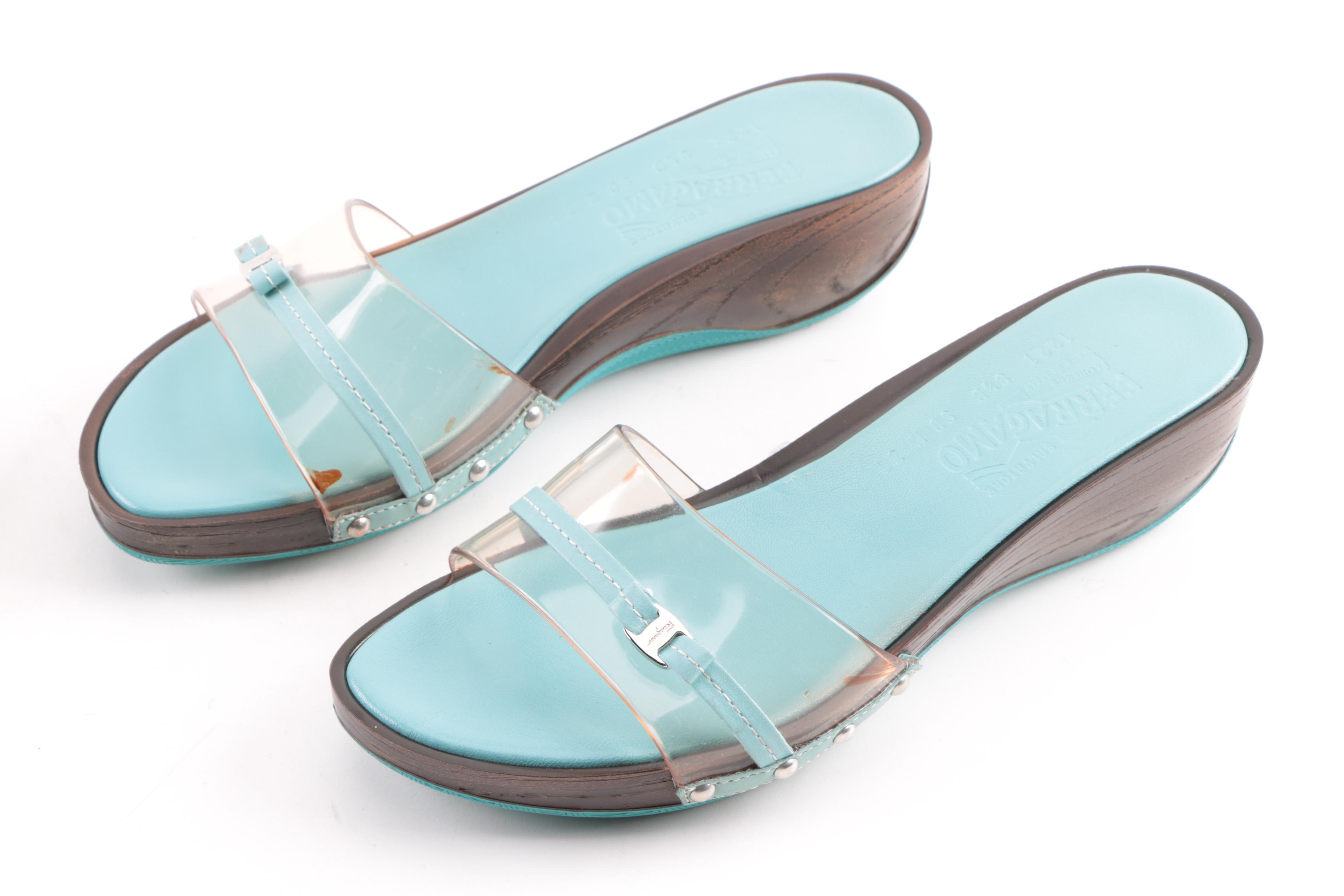 Vintage Salvatore Ferragamo Patent Leather and Clear Slide Sandals