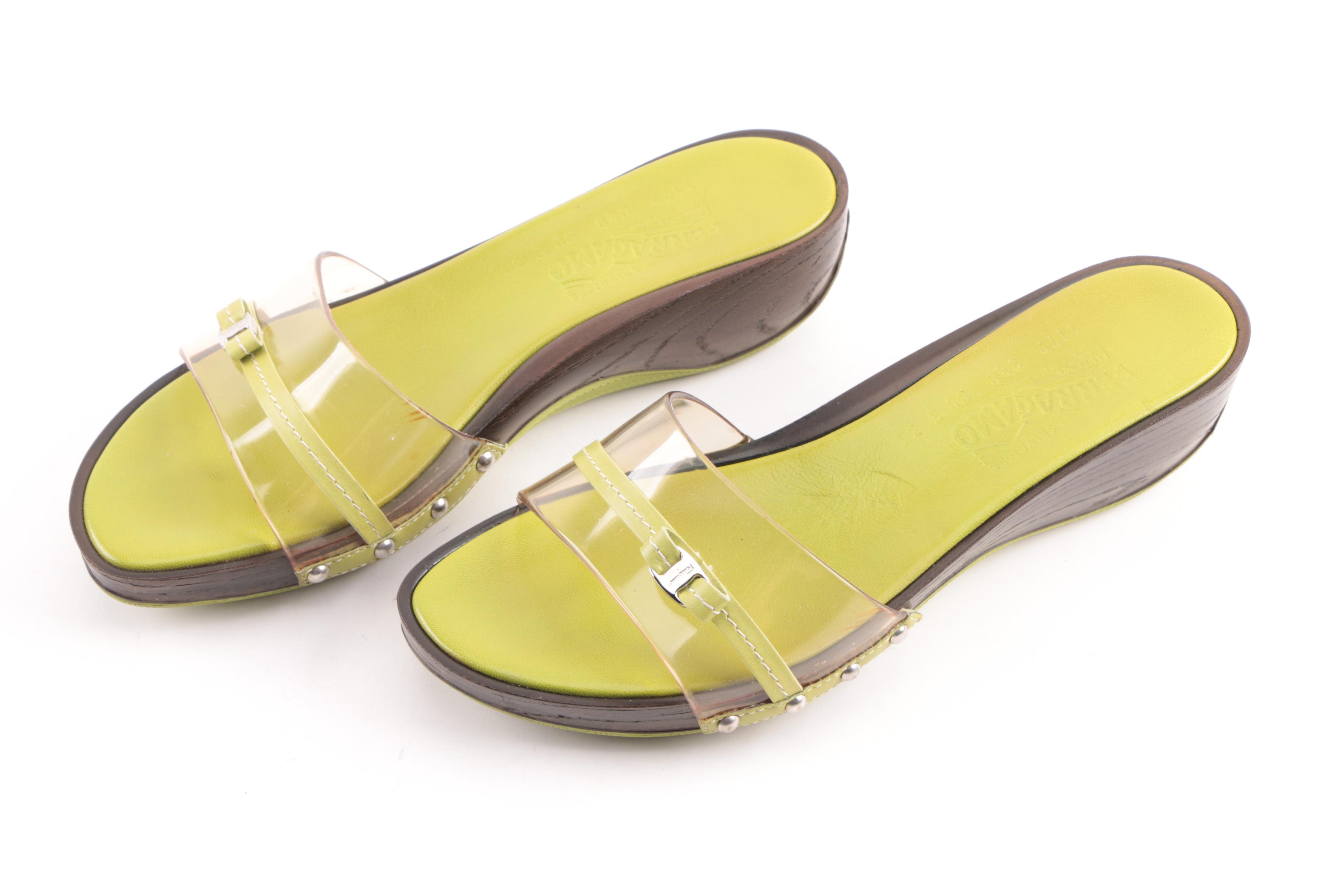 Vintage Salvatore Ferragamo Patent Leather and Clear Slide Sandals