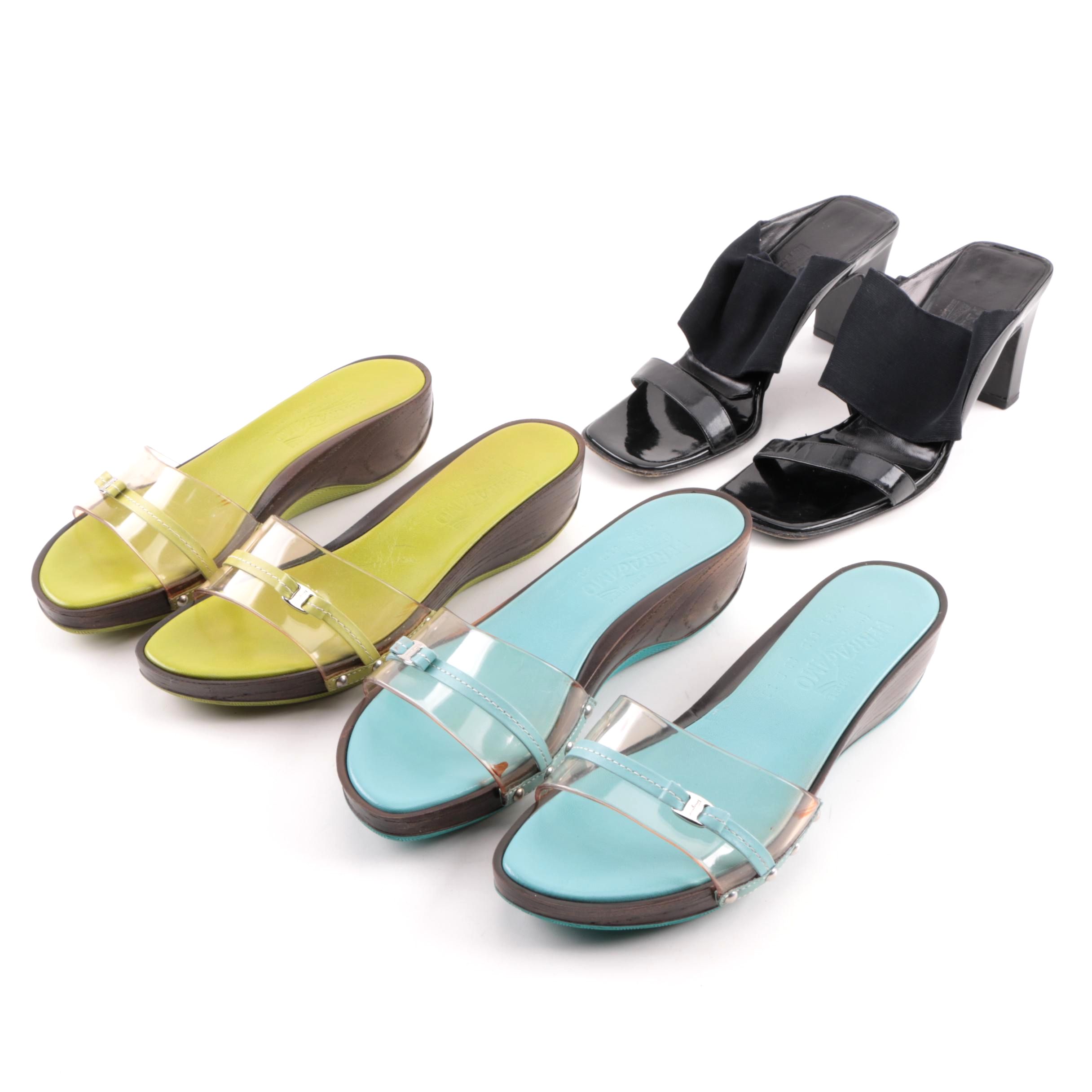 Vintage Salvatore Ferragamo Patent Leather and Clear Slide Sandals