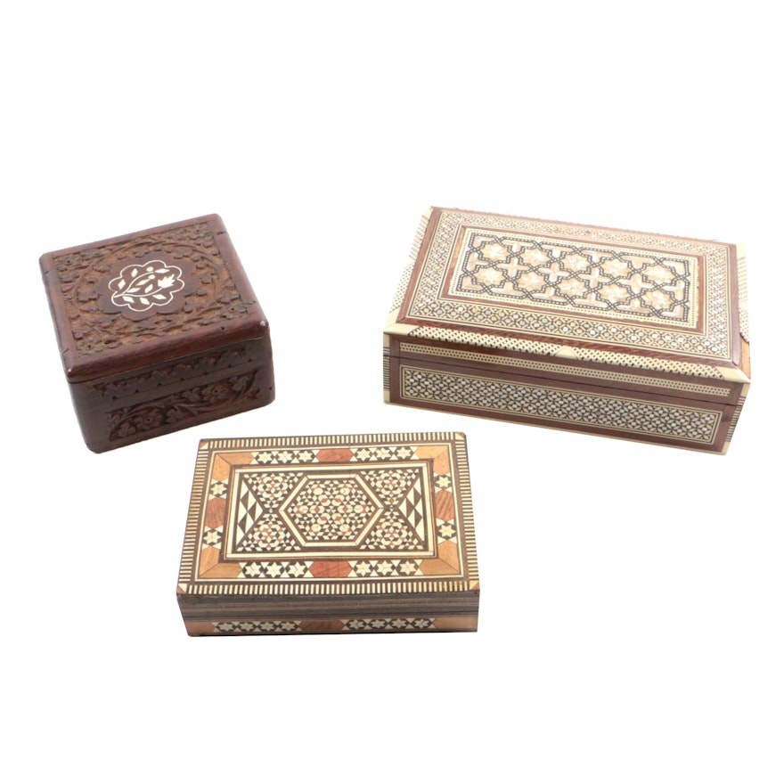 Three Syrian Bone-Inlaid Walnut Boxes, 20th Century