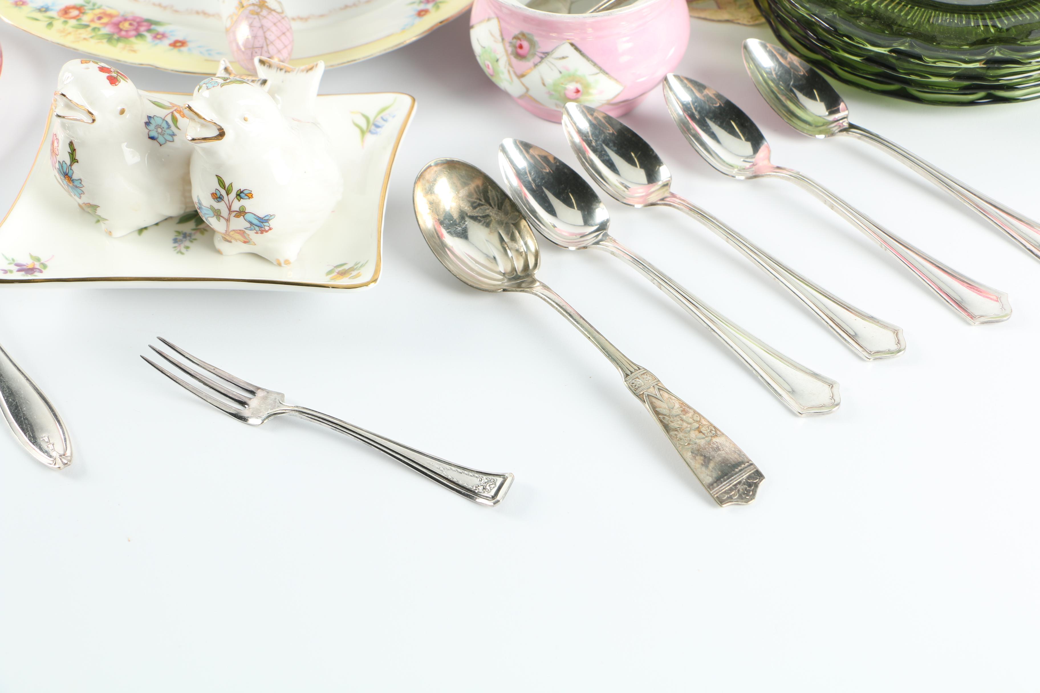 Green Glass Cake Tray, Japanese Porcelain Serving Tray and Other Dinnerware