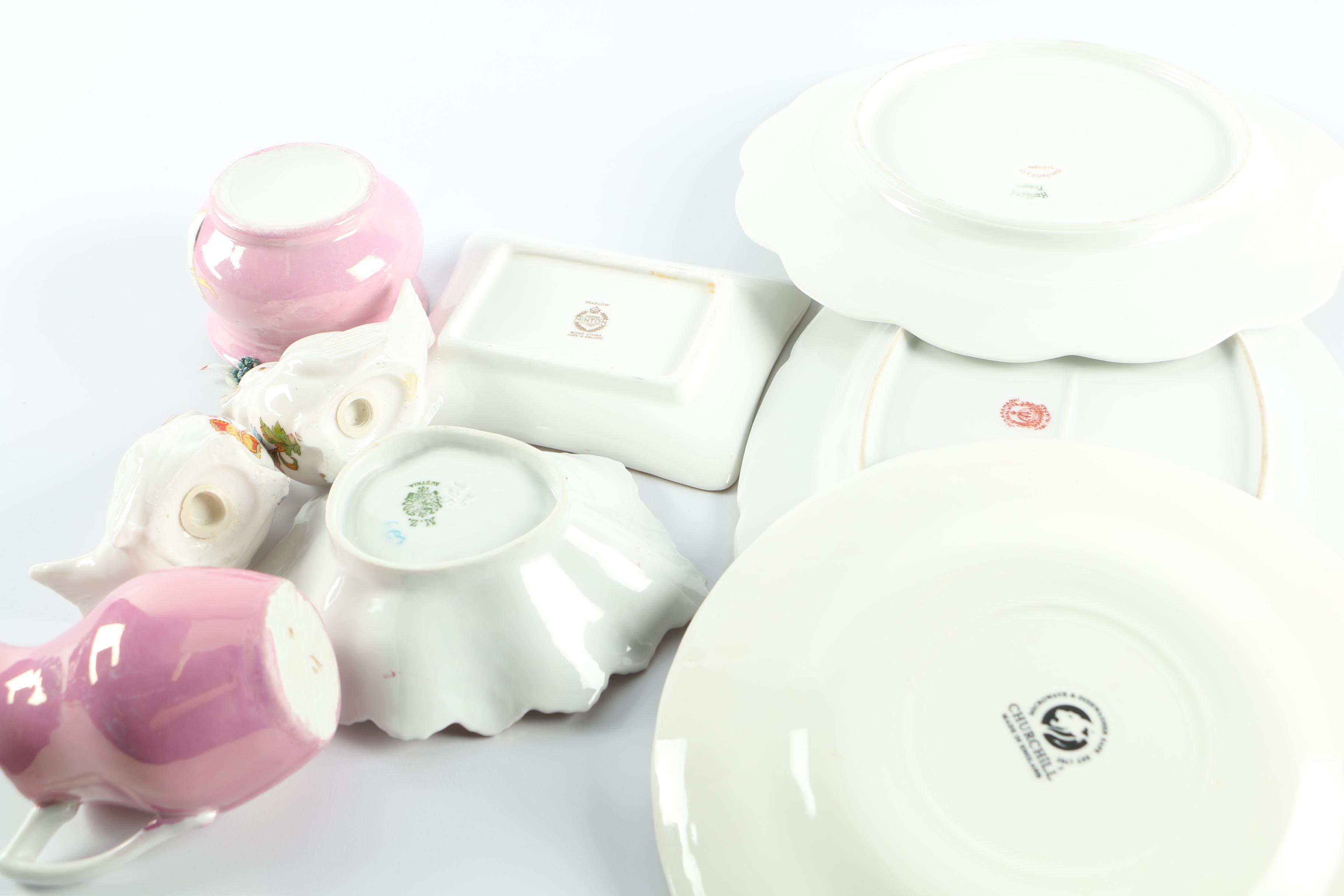 Green Glass Cake Tray, Japanese Porcelain Serving Tray and Other Dinnerware