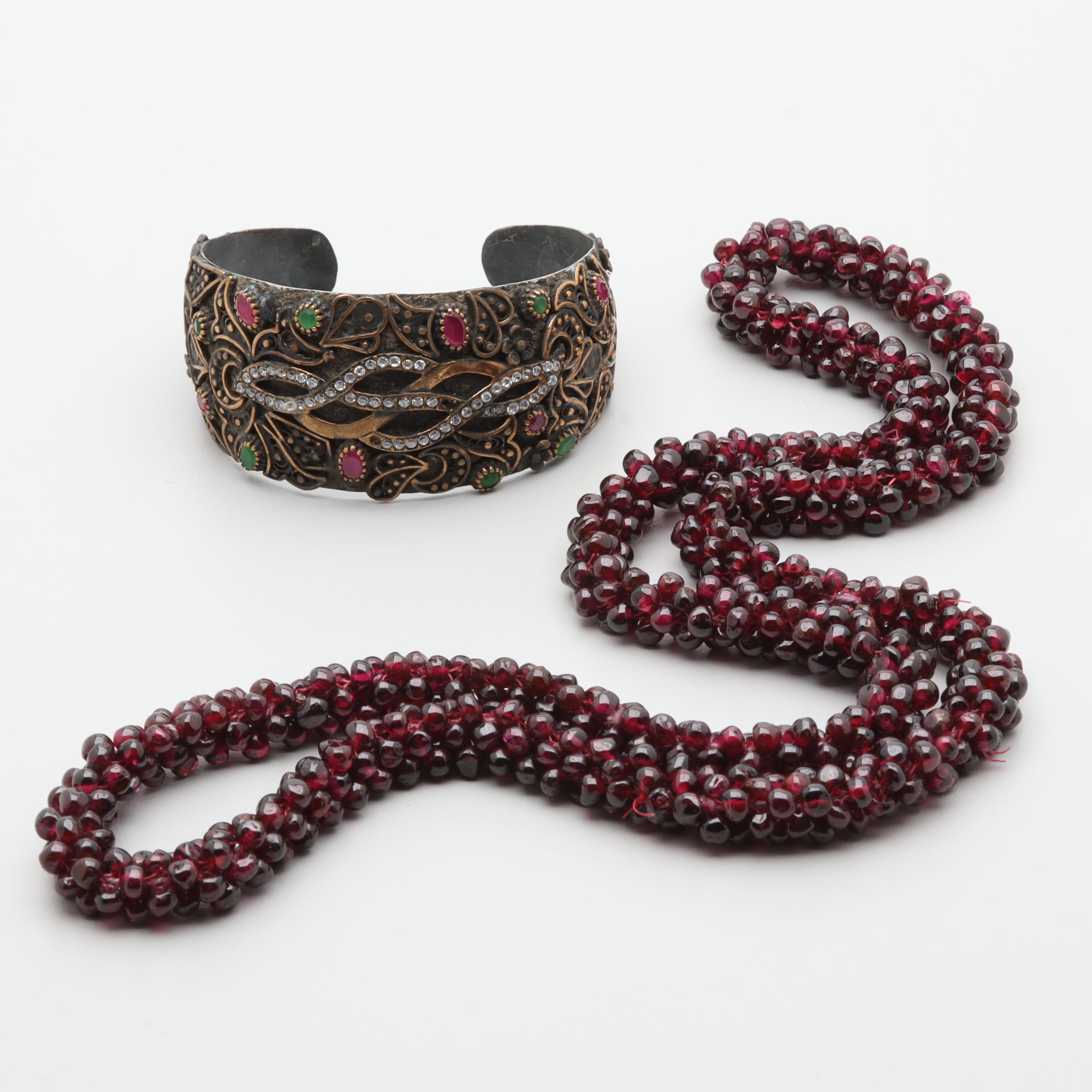 Costume Garnet, Synthetic Ruby, Cubic Zirconia and Quartz Necklace and Bracelet