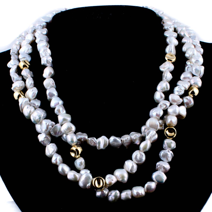 Sterling Silver with Gold Wash and Cultured Freshwater Pearl Necklace