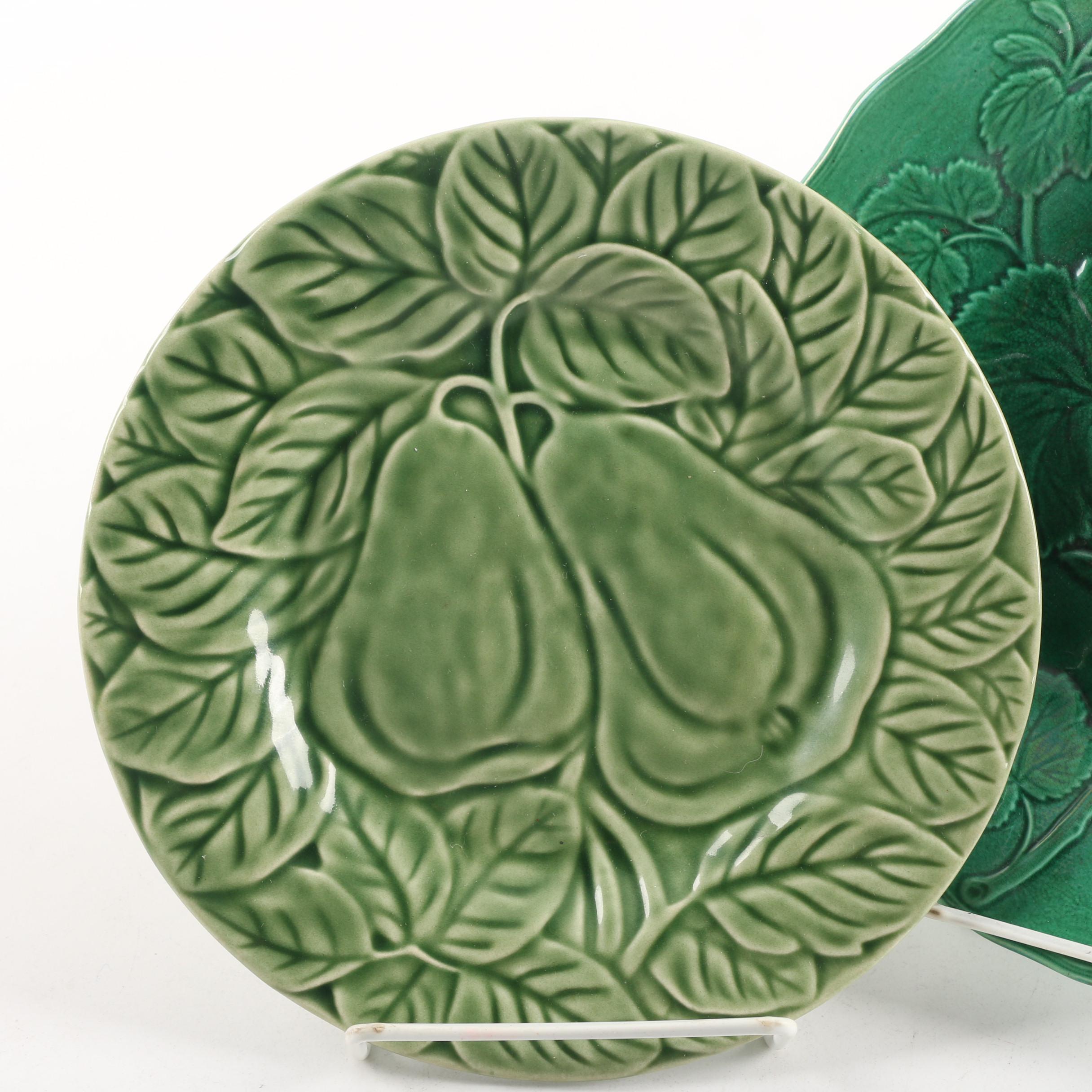 Antique Green Strawberry Majolica Plate with Bordallo Pinheiro Plate