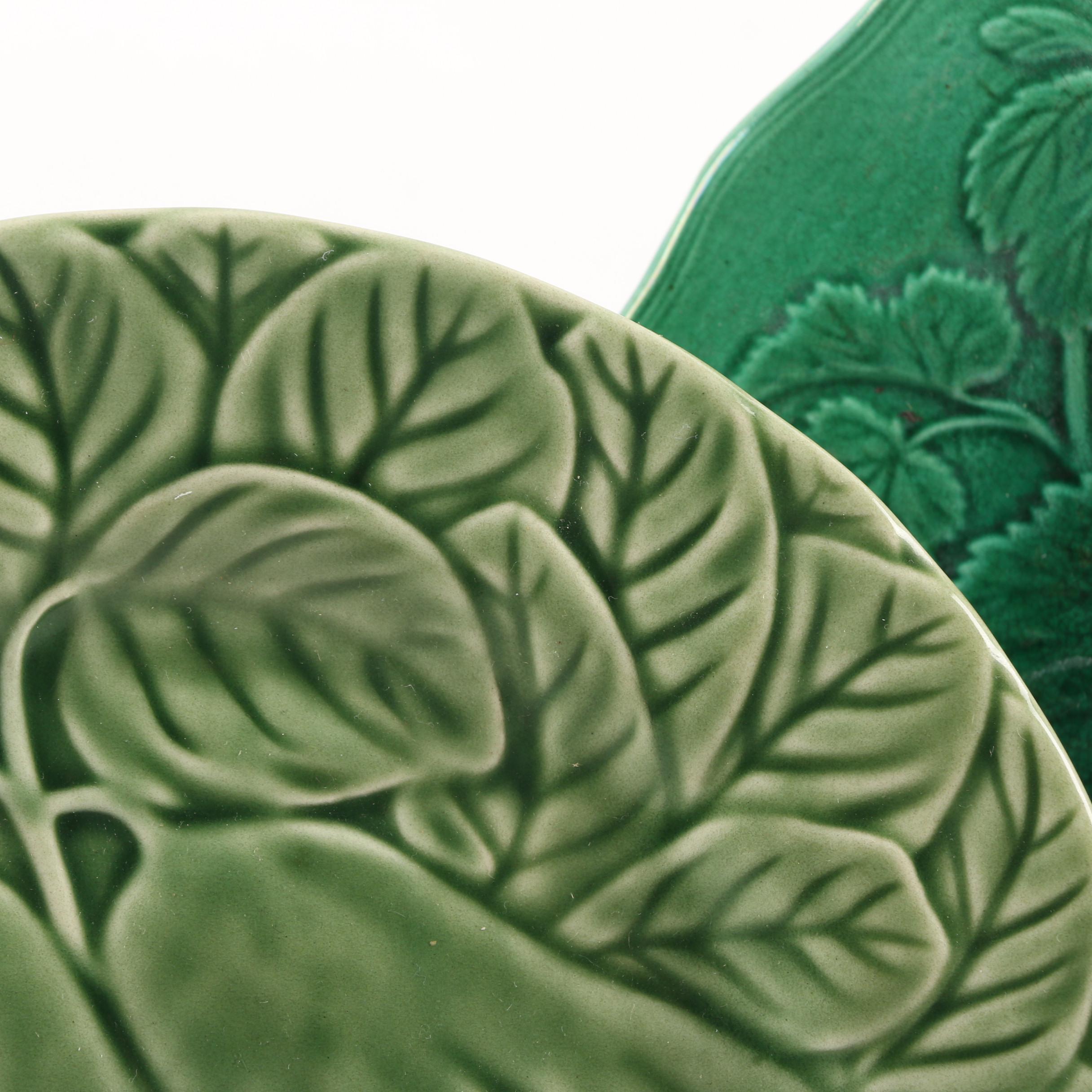 Antique Green Strawberry Majolica Plate with Bordallo Pinheiro Plate