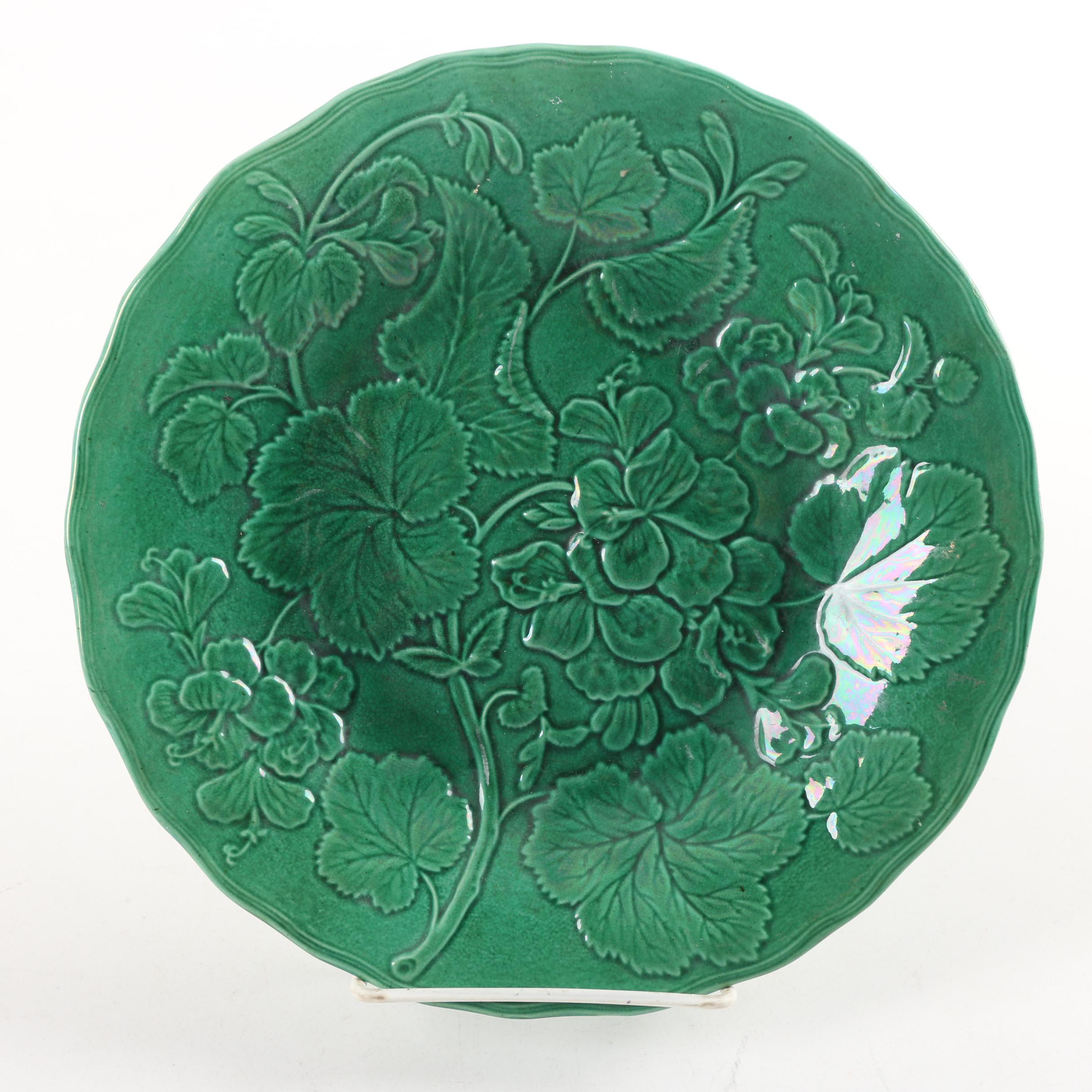 Antique Green Strawberry Majolica Plate with Bordallo Pinheiro Plate