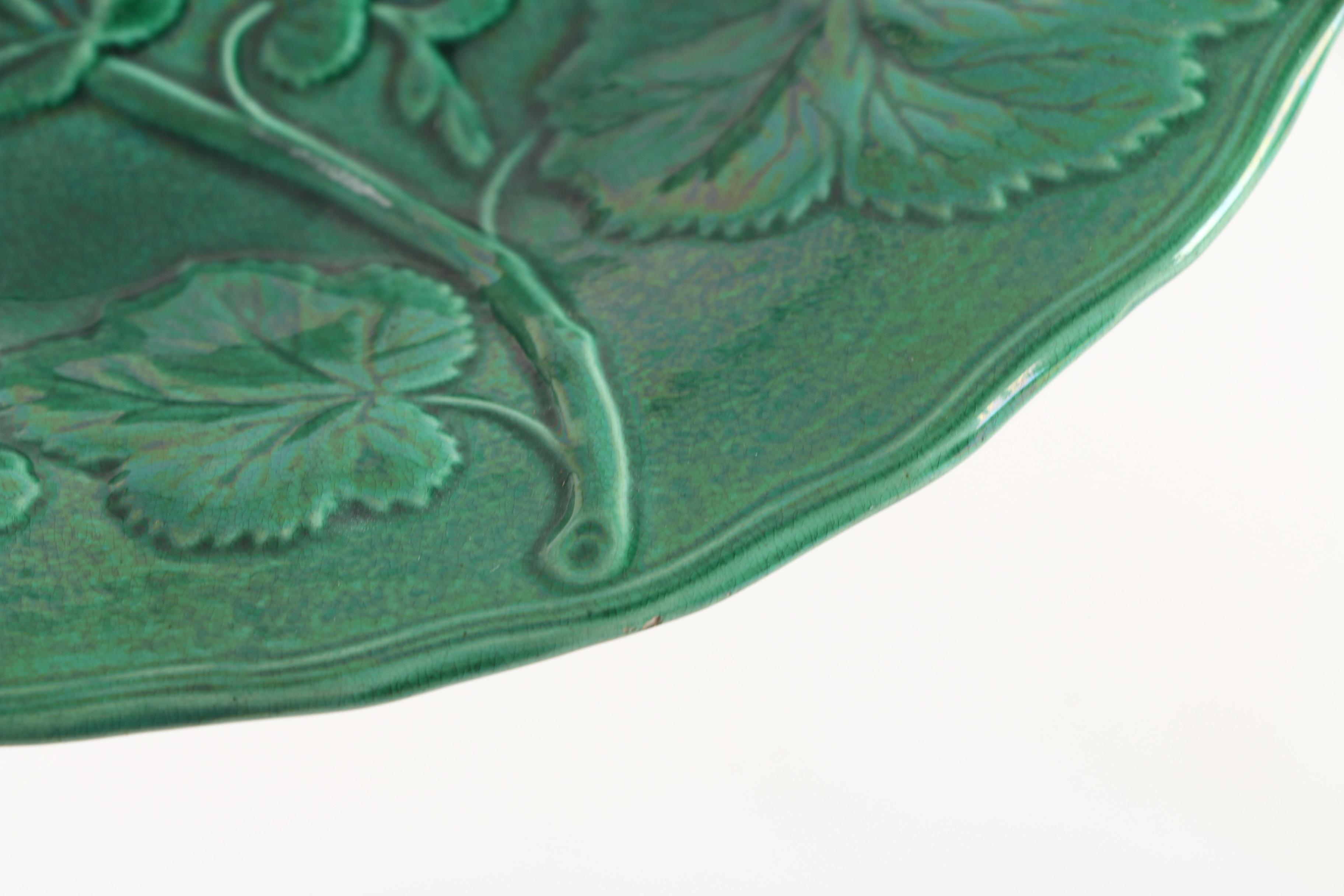 Antique Green Strawberry Majolica Plate with Bordallo Pinheiro Plate