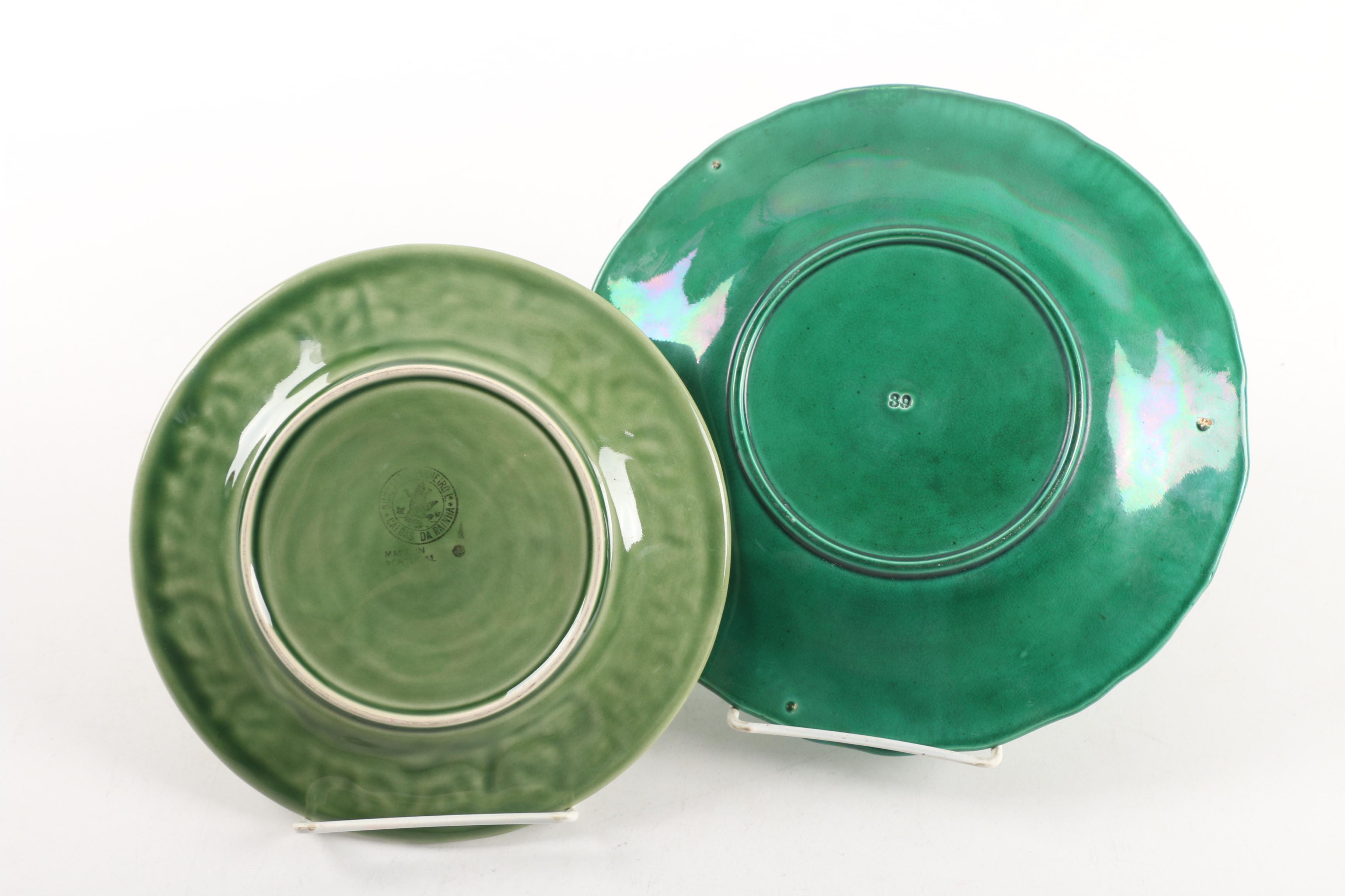 Antique Green Strawberry Majolica Plate with Bordallo Pinheiro Plate