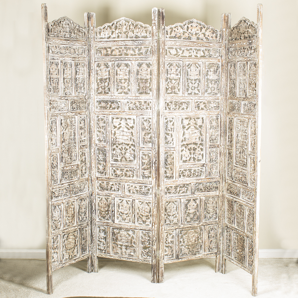 Hand-Painted Four Panel Wooden Screen