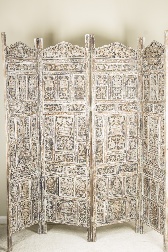 Hand-Painted Four Panel Wooden Screen