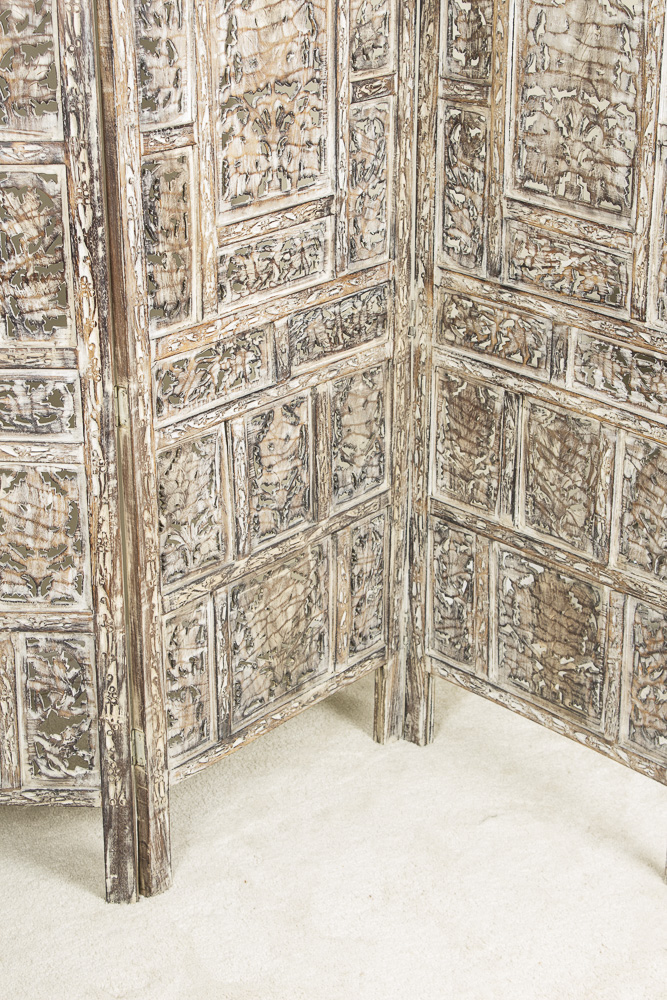 Hand-Painted Four Panel Wooden Screen