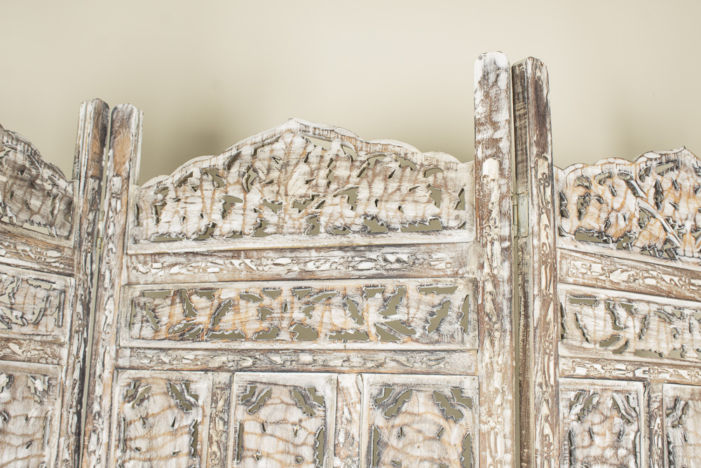 Hand-Painted Four Panel Wooden Screen