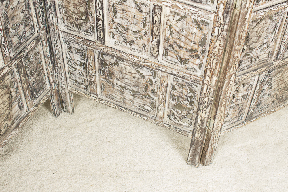 Hand-Painted Four Panel Wooden Screen