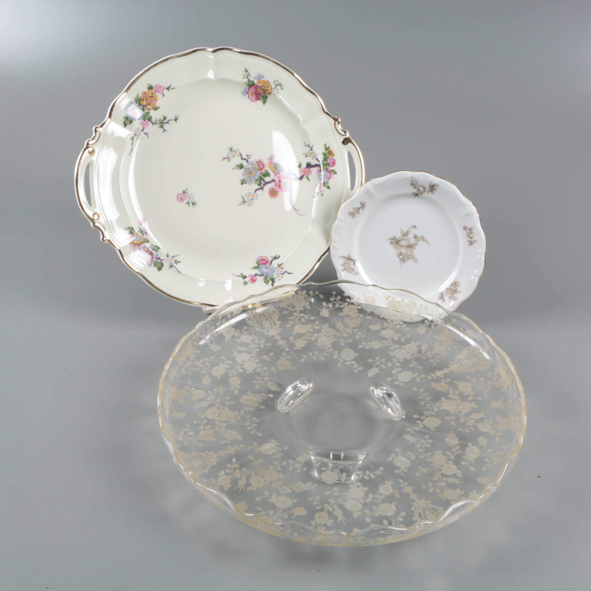 Bernardaud "Bengali" Cake Plate with Vintage Glass Platter and Haviland Plate