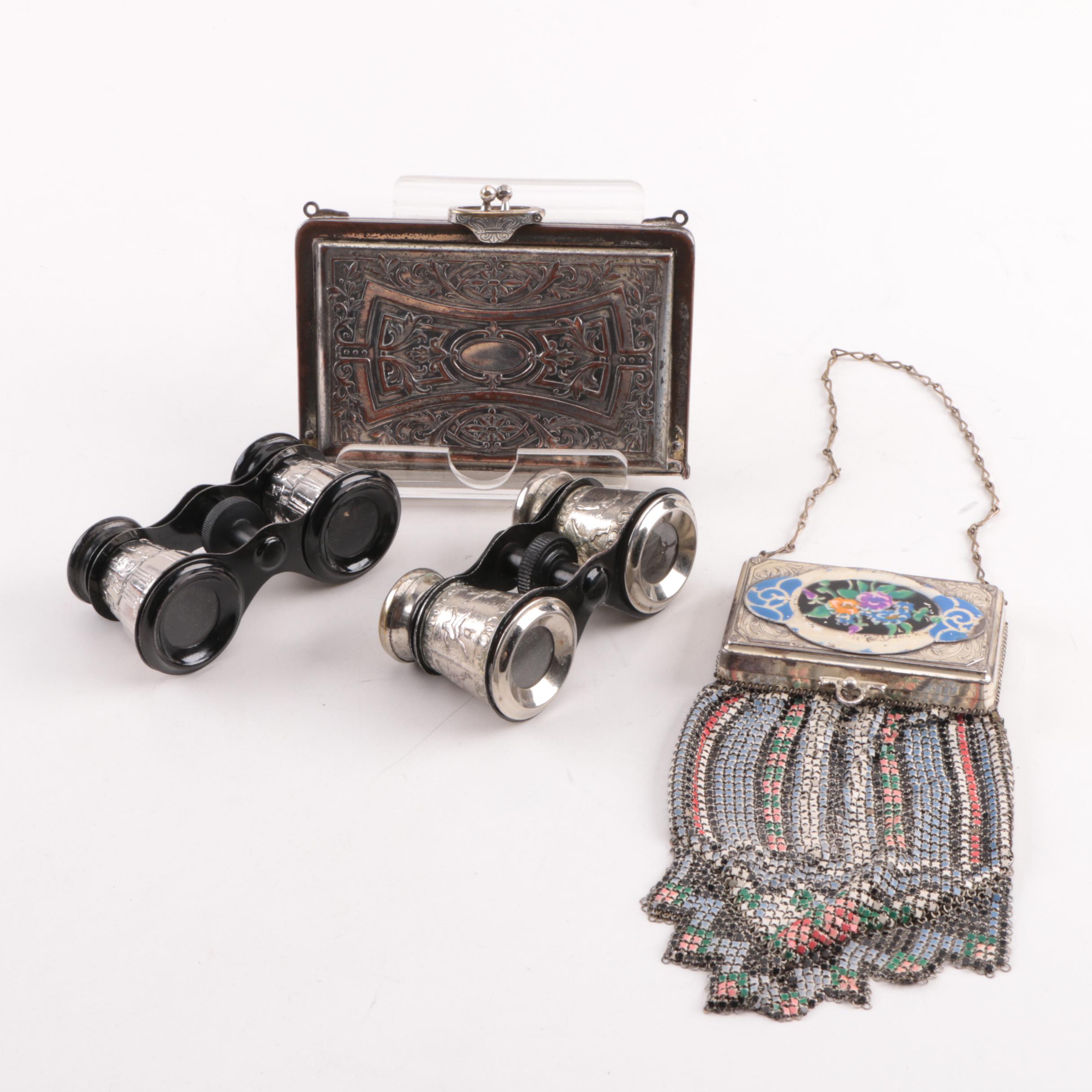 1920s Whiting & Davis Compact Top Evening Bag with Opera Glasses and Case Wallet