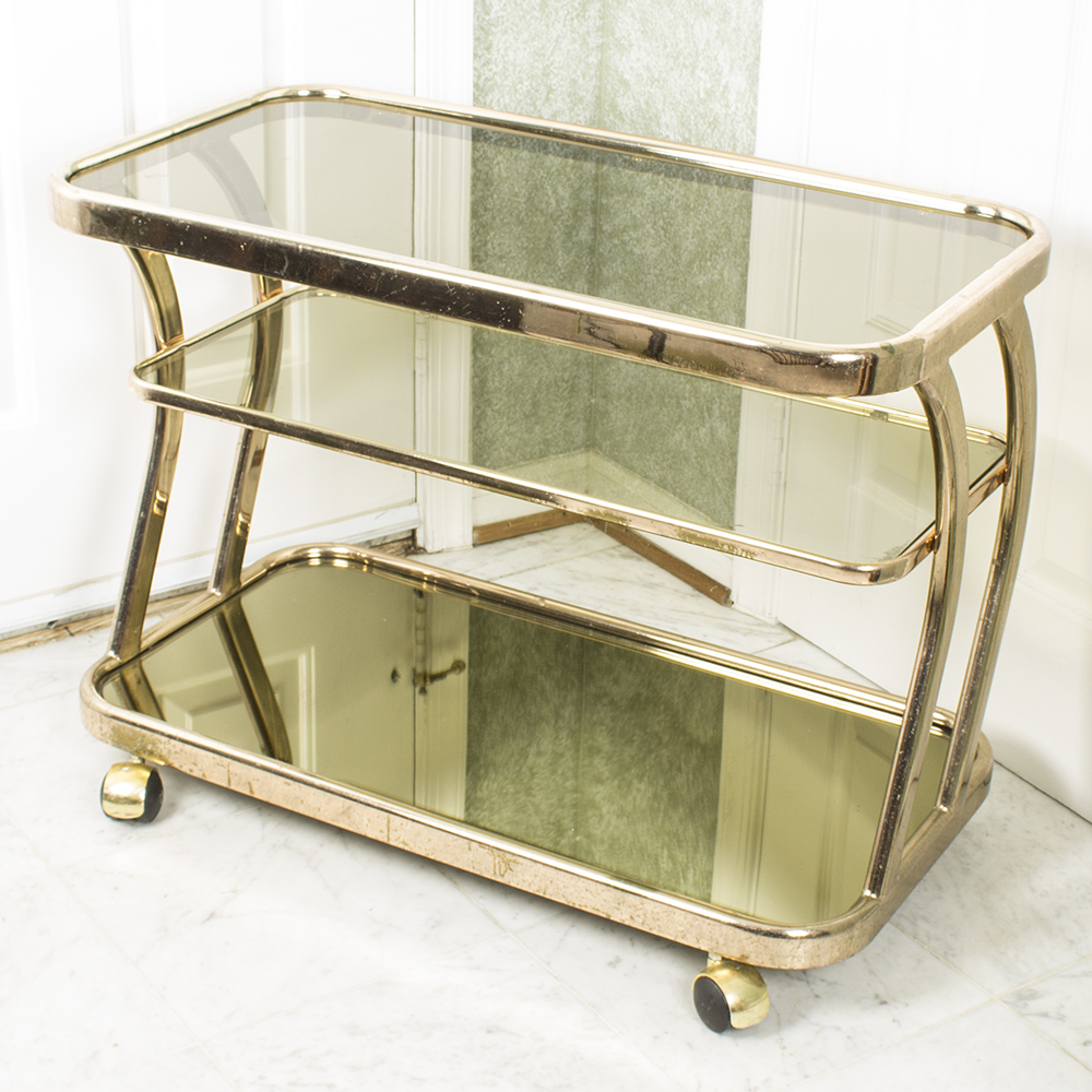 Smoky Glass and Mirrored Three Tier Gold Cart