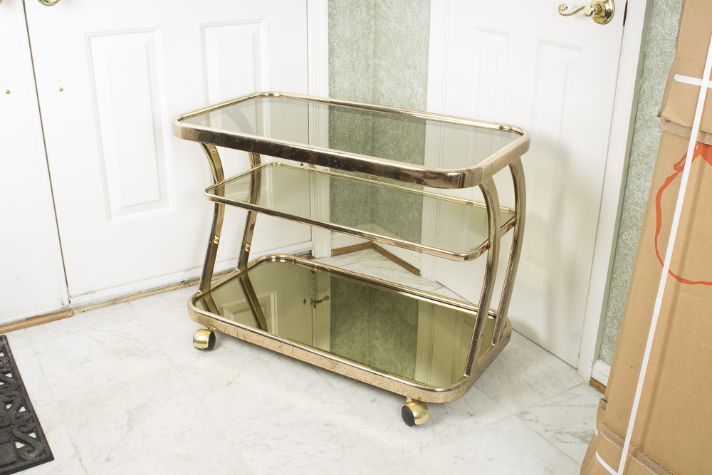 Smoky Glass and Mirrored Three Tier Gold Cart