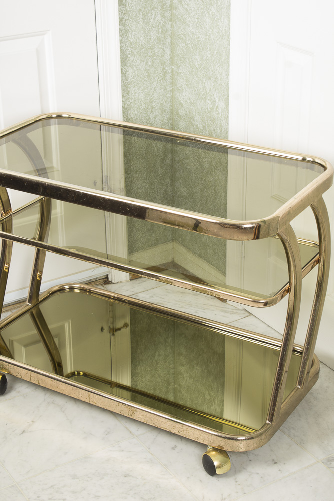 Smoky Glass and Mirrored Three Tier Gold Cart