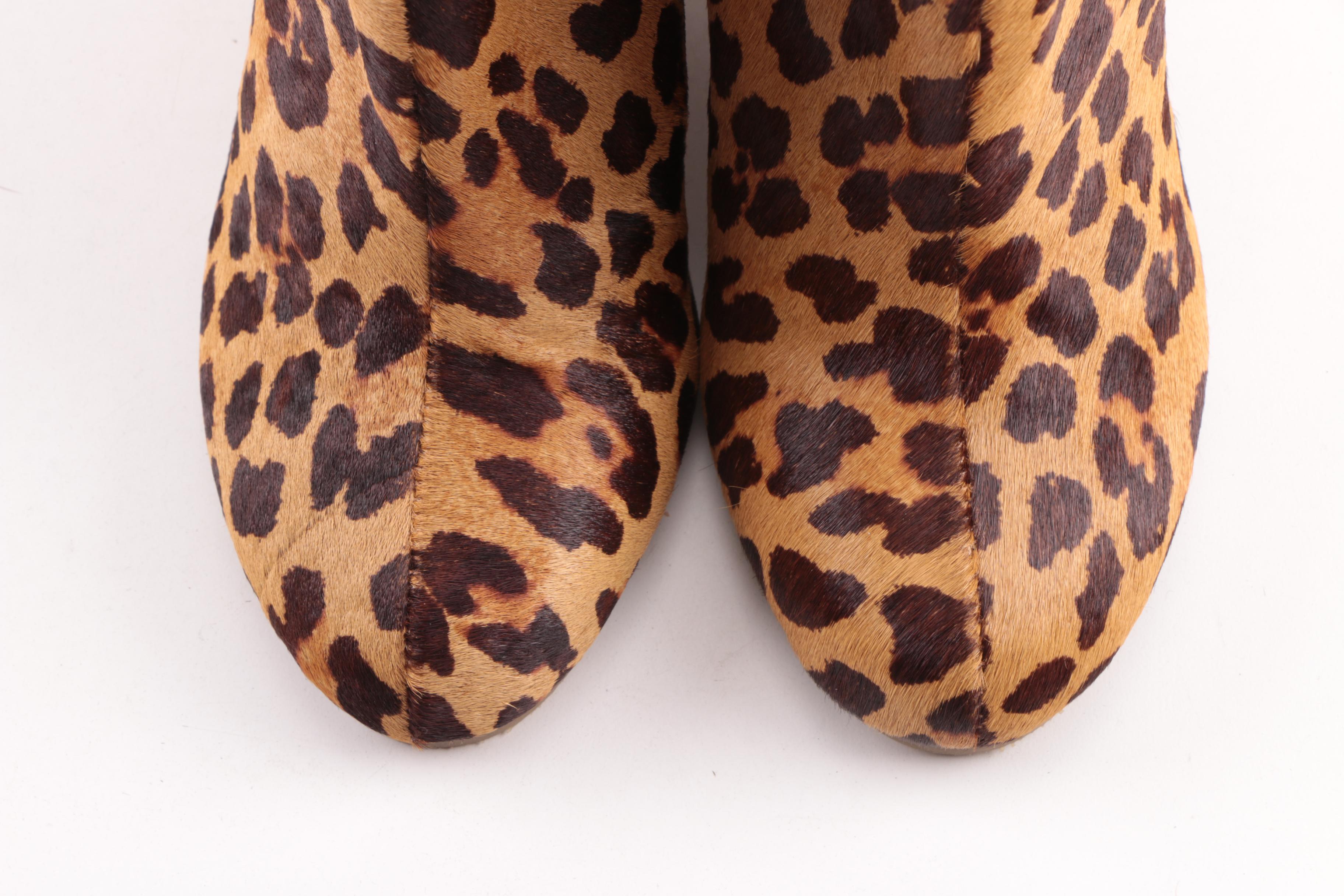 Women's Leopard Print Dyed Calf Hair Wedge Ankle Boots