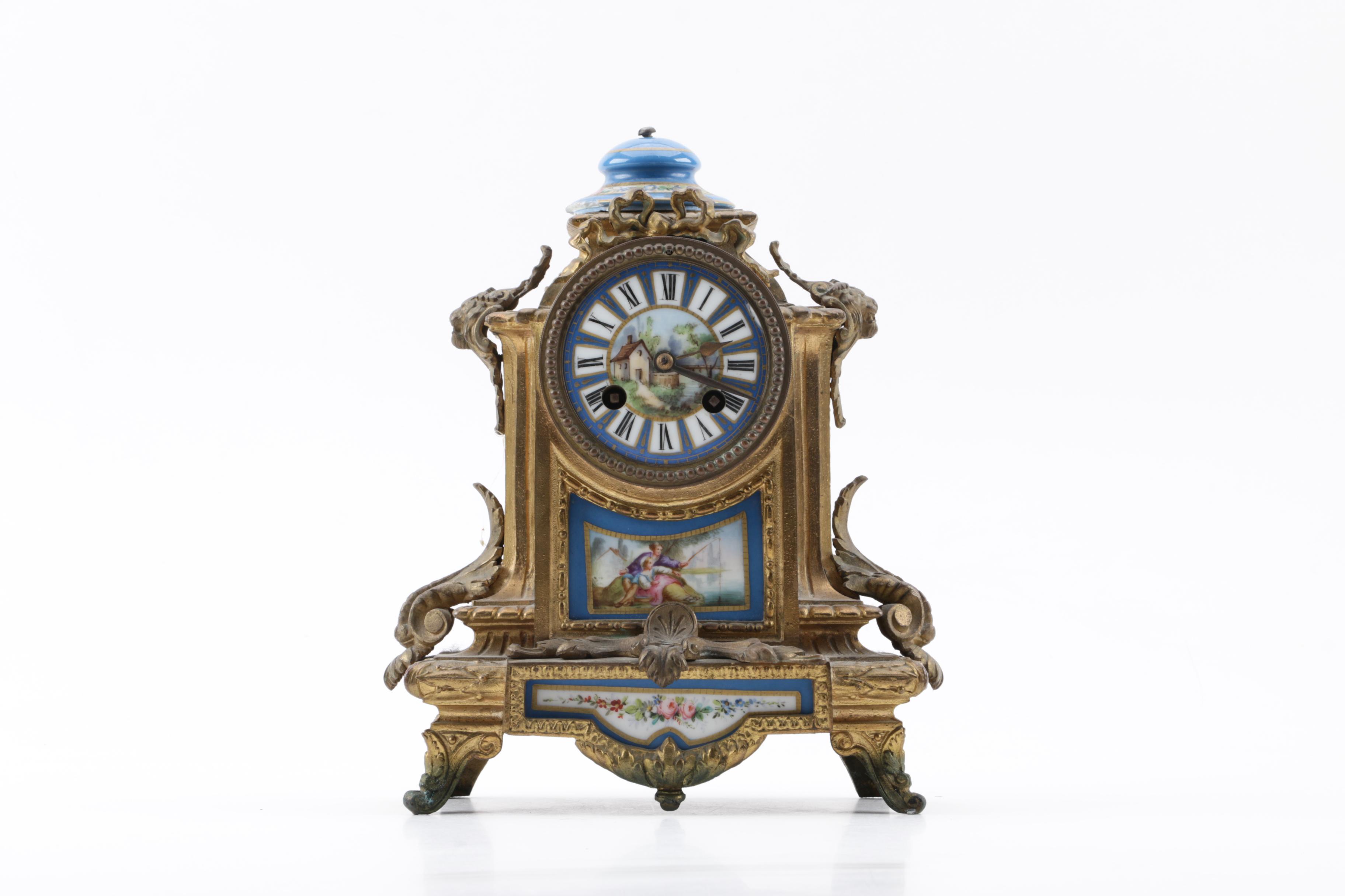 Antique French Japy Freres Sevres Style Brass and Porcelain Mantel Clock