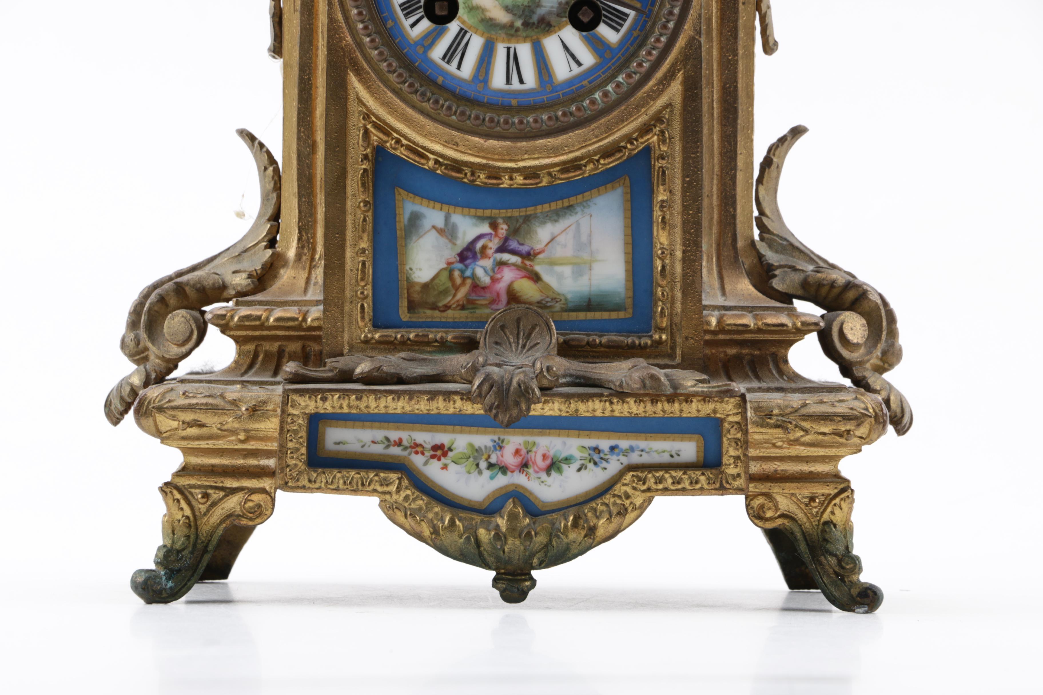 Antique French Japy Freres Sevres Style Brass and Porcelain Mantel Clock