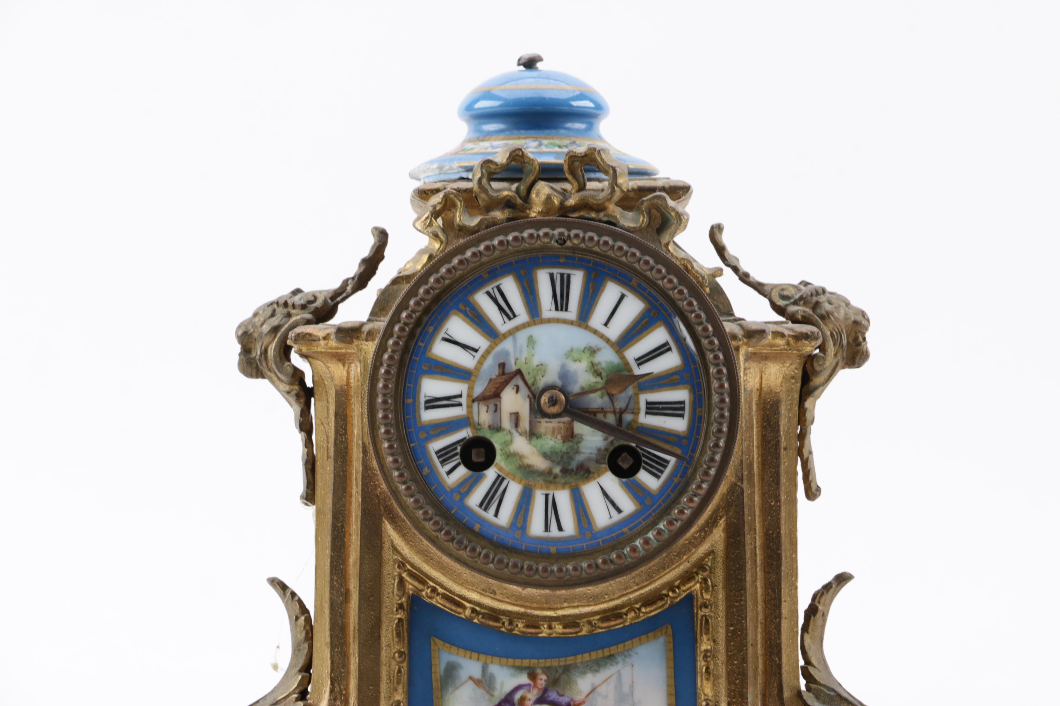 Antique French Japy Freres Sevres Style Brass and Porcelain Mantel Clock