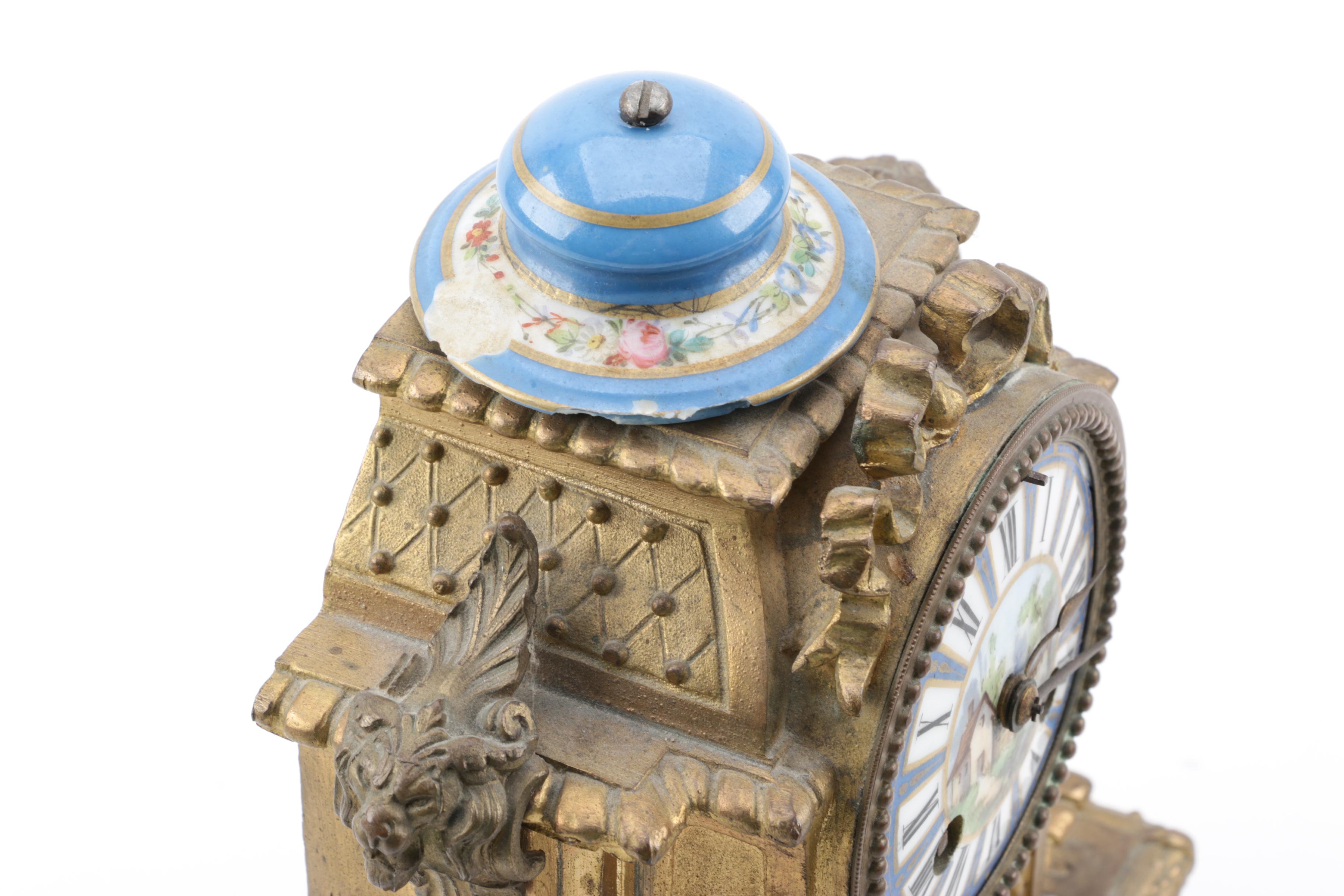 Antique French Japy Freres Sevres Style Brass and Porcelain Mantel Clock