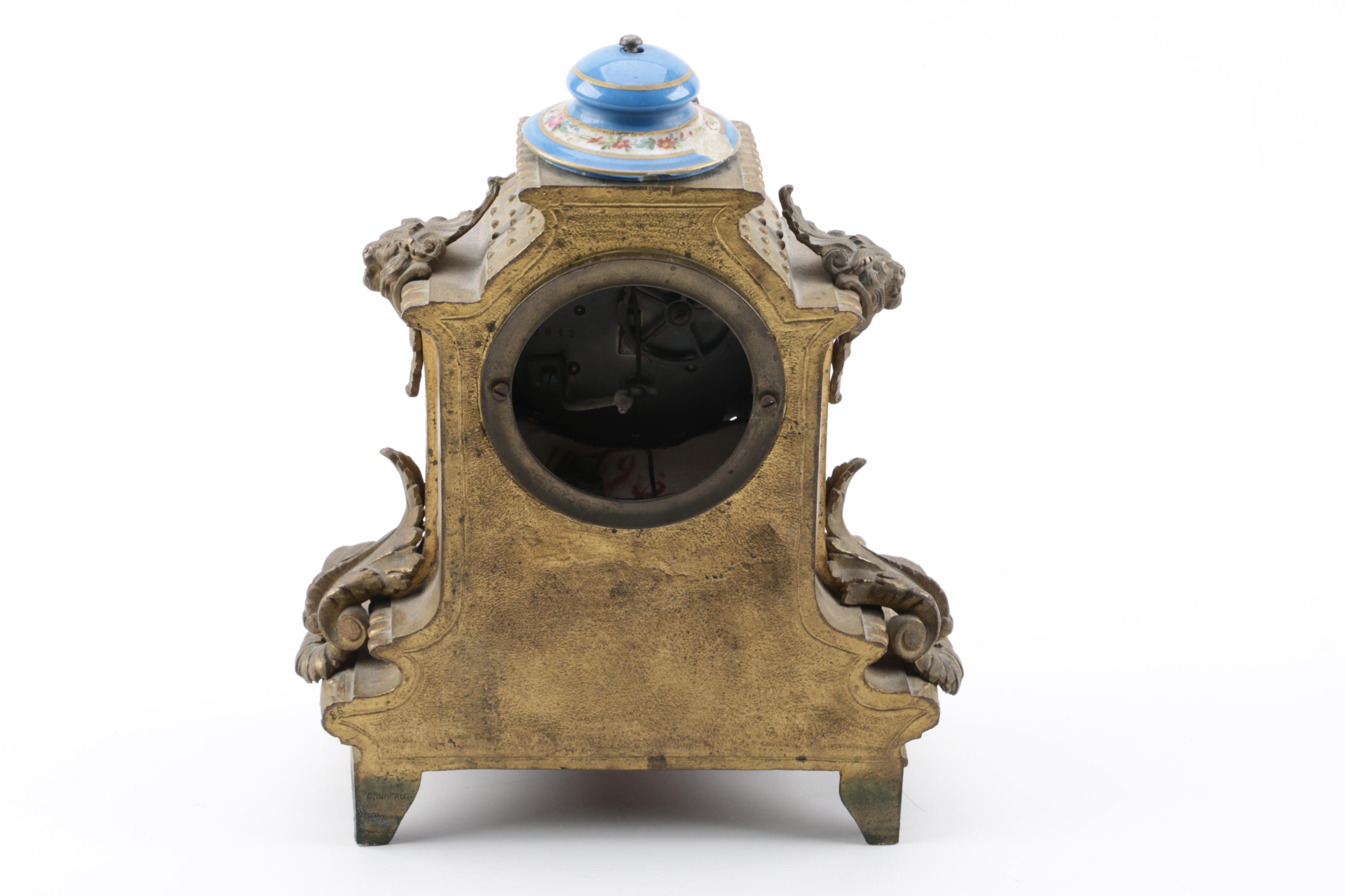 Antique French Japy Freres Sevres Style Brass and Porcelain Mantel Clock