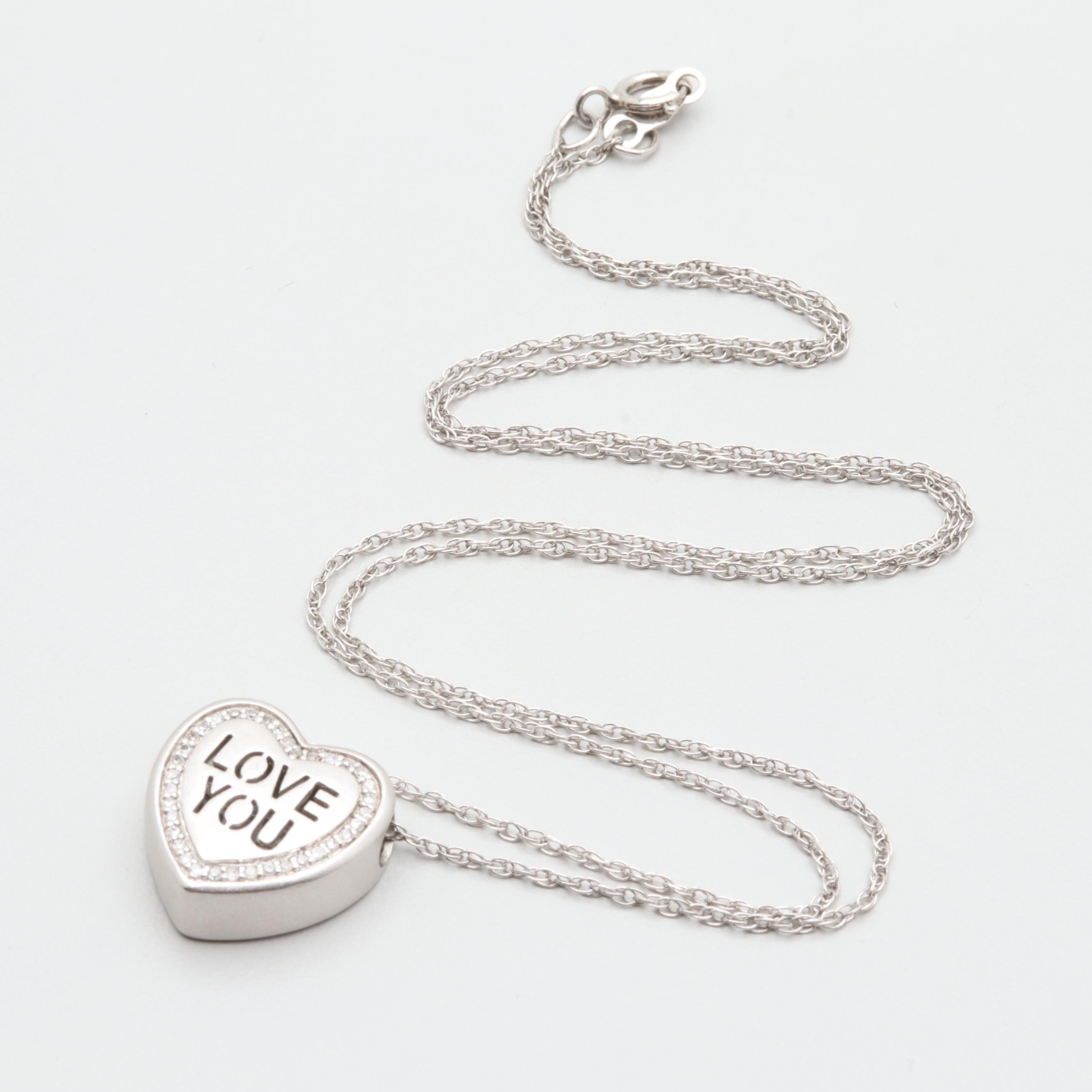 Sterling Silver "I Love You" Diamond Pendant Necklace