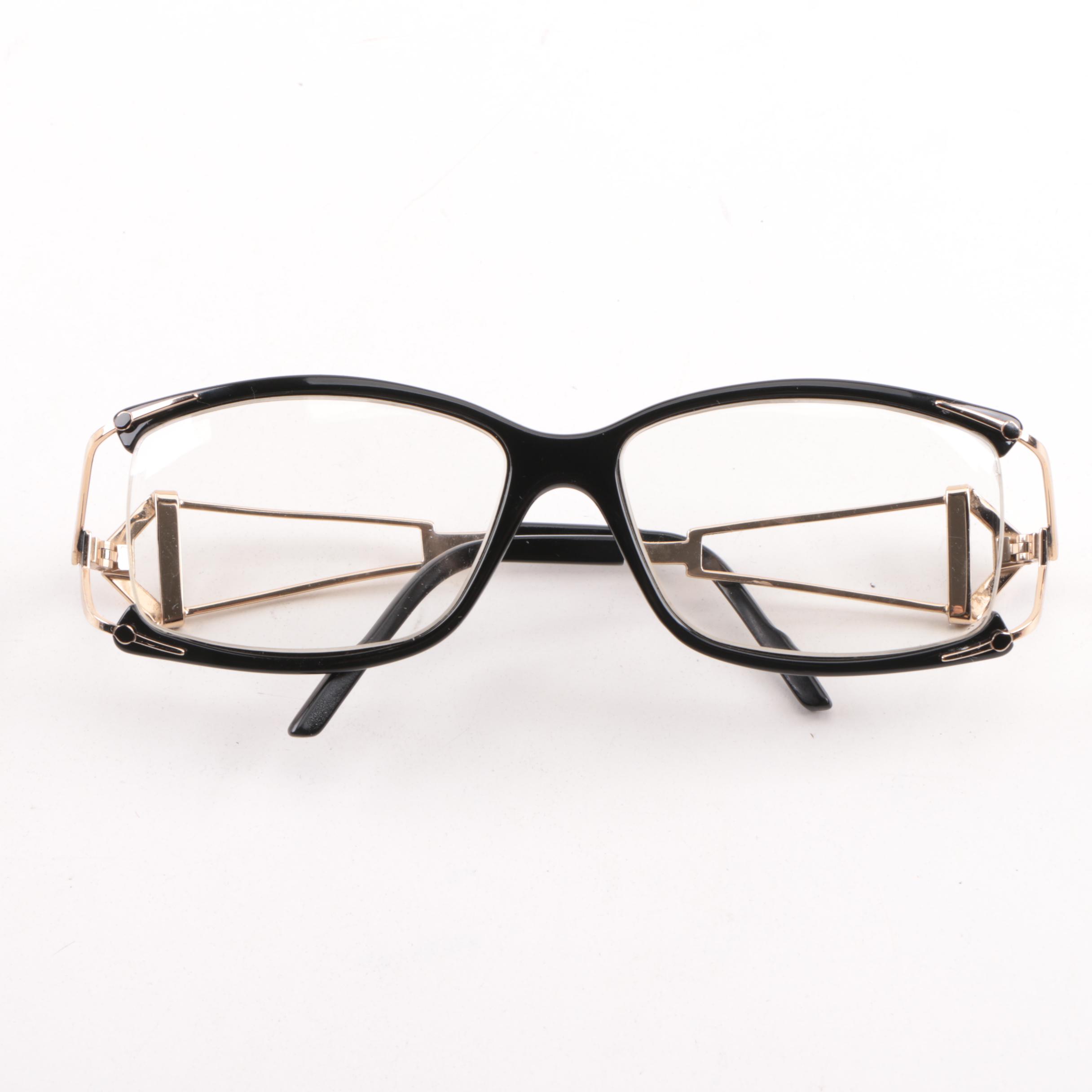 1980s Vintage Cazal Black and Gold Tone Eyeglasses in Original Case