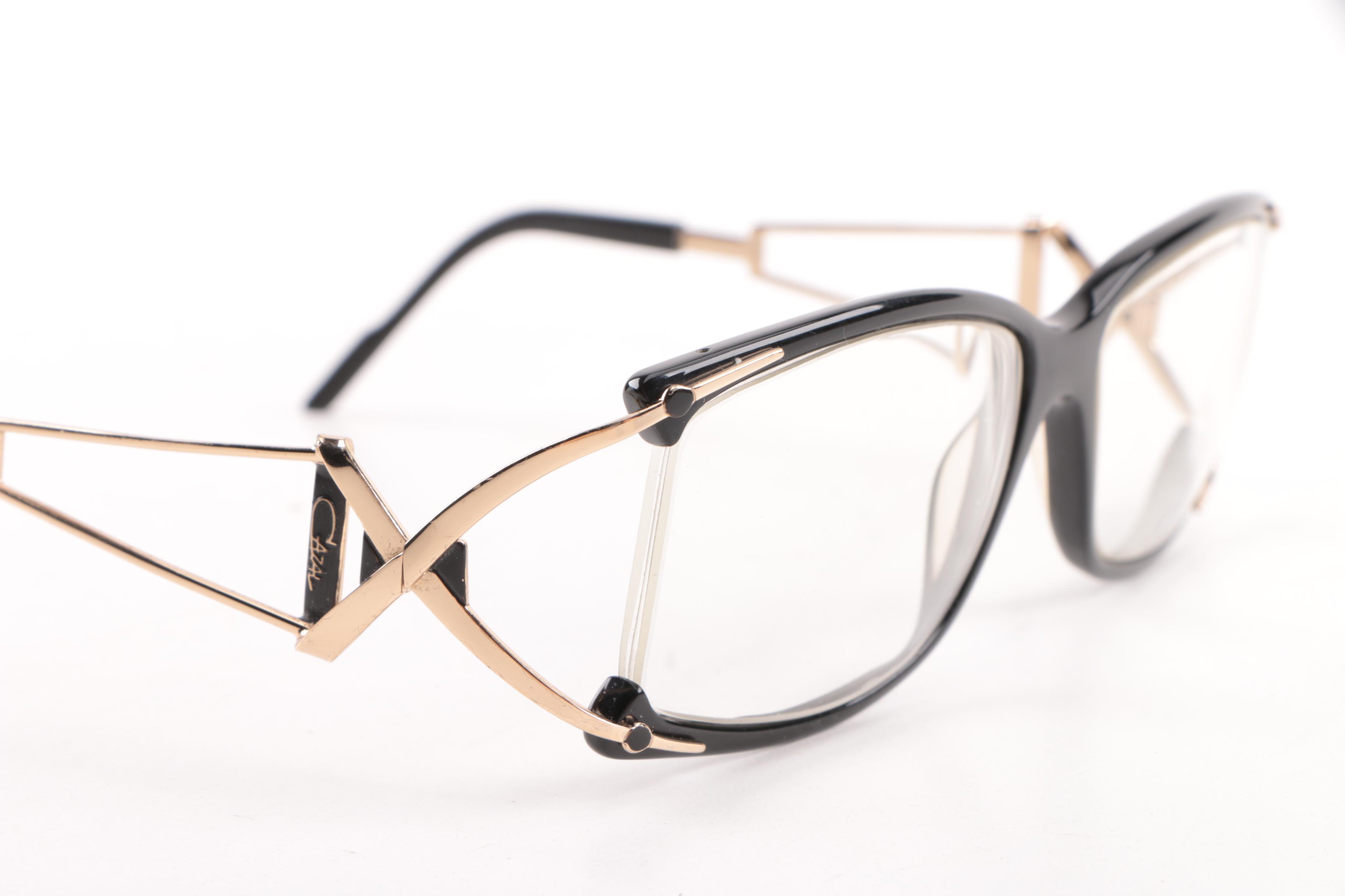 1980s Vintage Cazal Black and Gold Tone Eyeglasses in Original Case