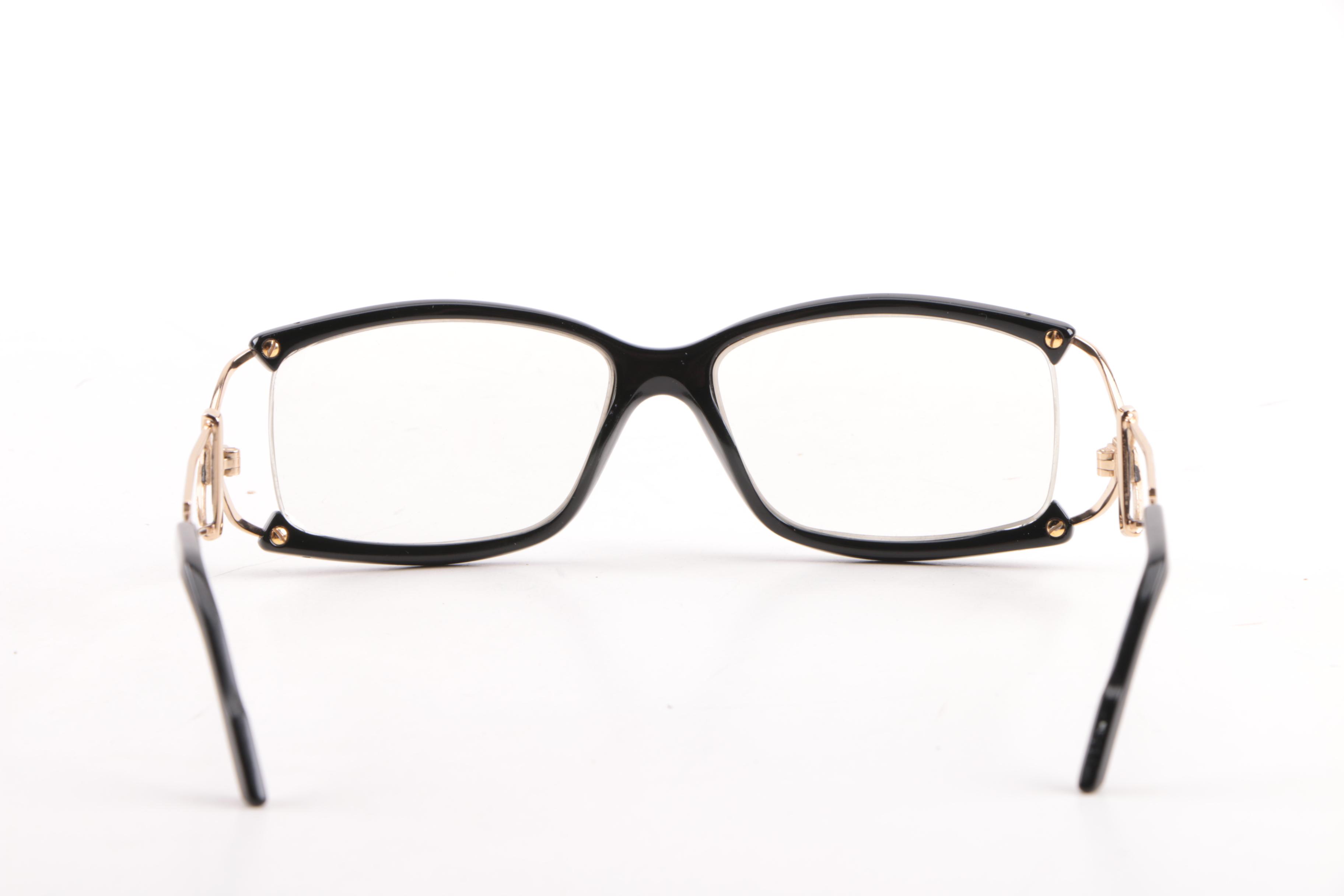 1980s Vintage Cazal Black and Gold Tone Eyeglasses in Original Case
