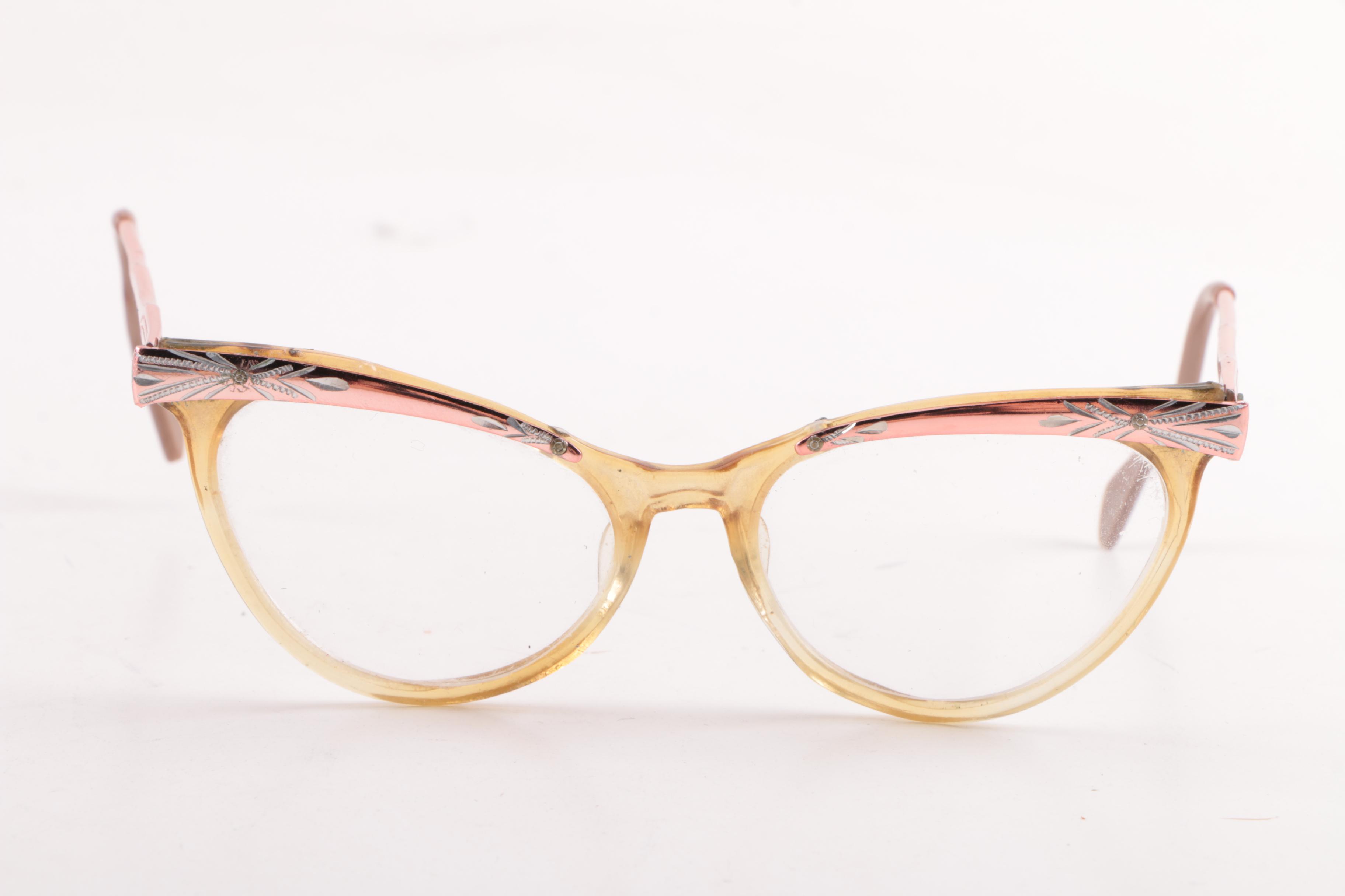 1950s Vintage Etched Cat Eye Prescription Eyeglasses Including Victory