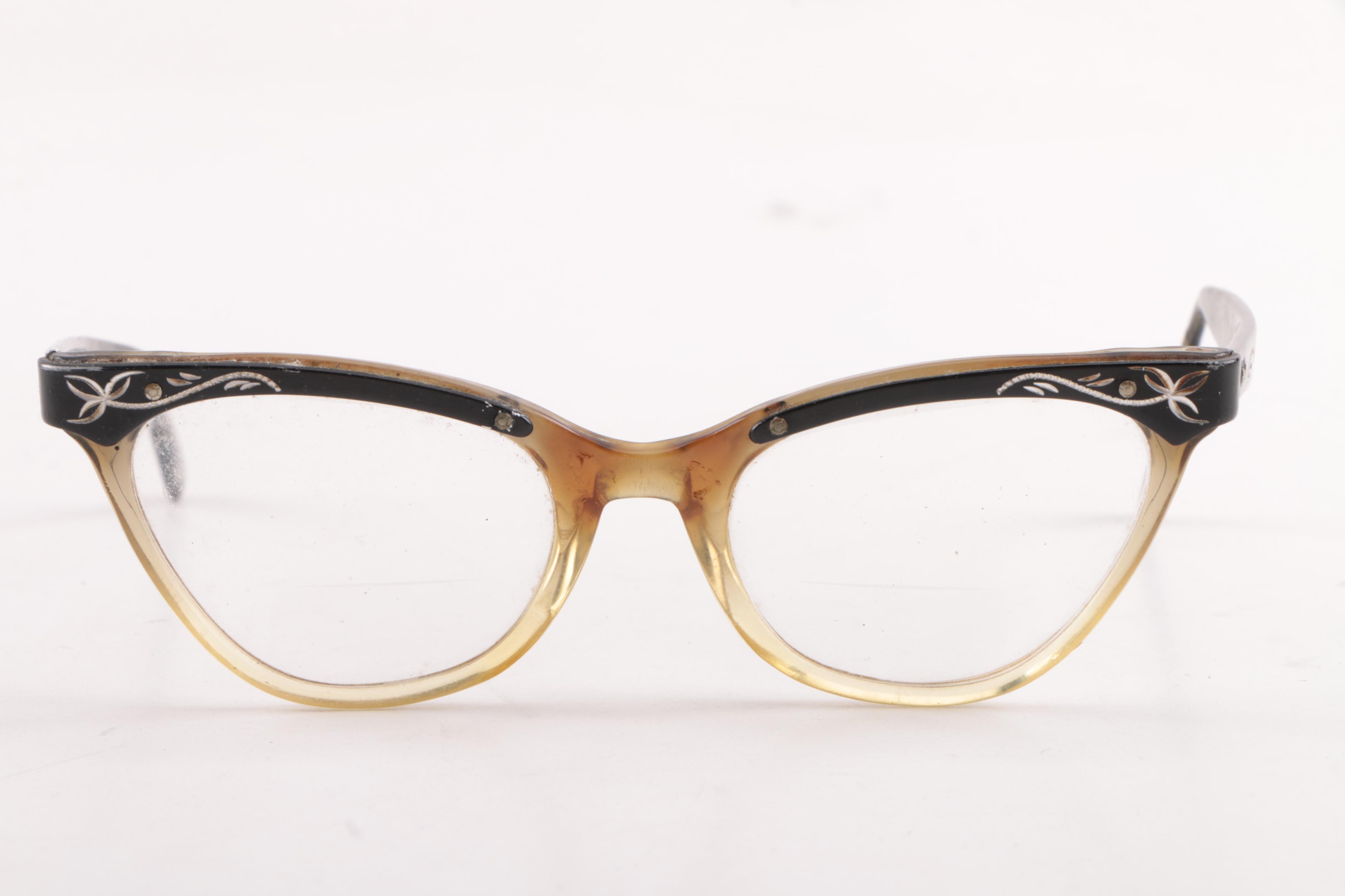 1950s Vintage Etched Cat Eye Prescription Eyeglasses Including Victory