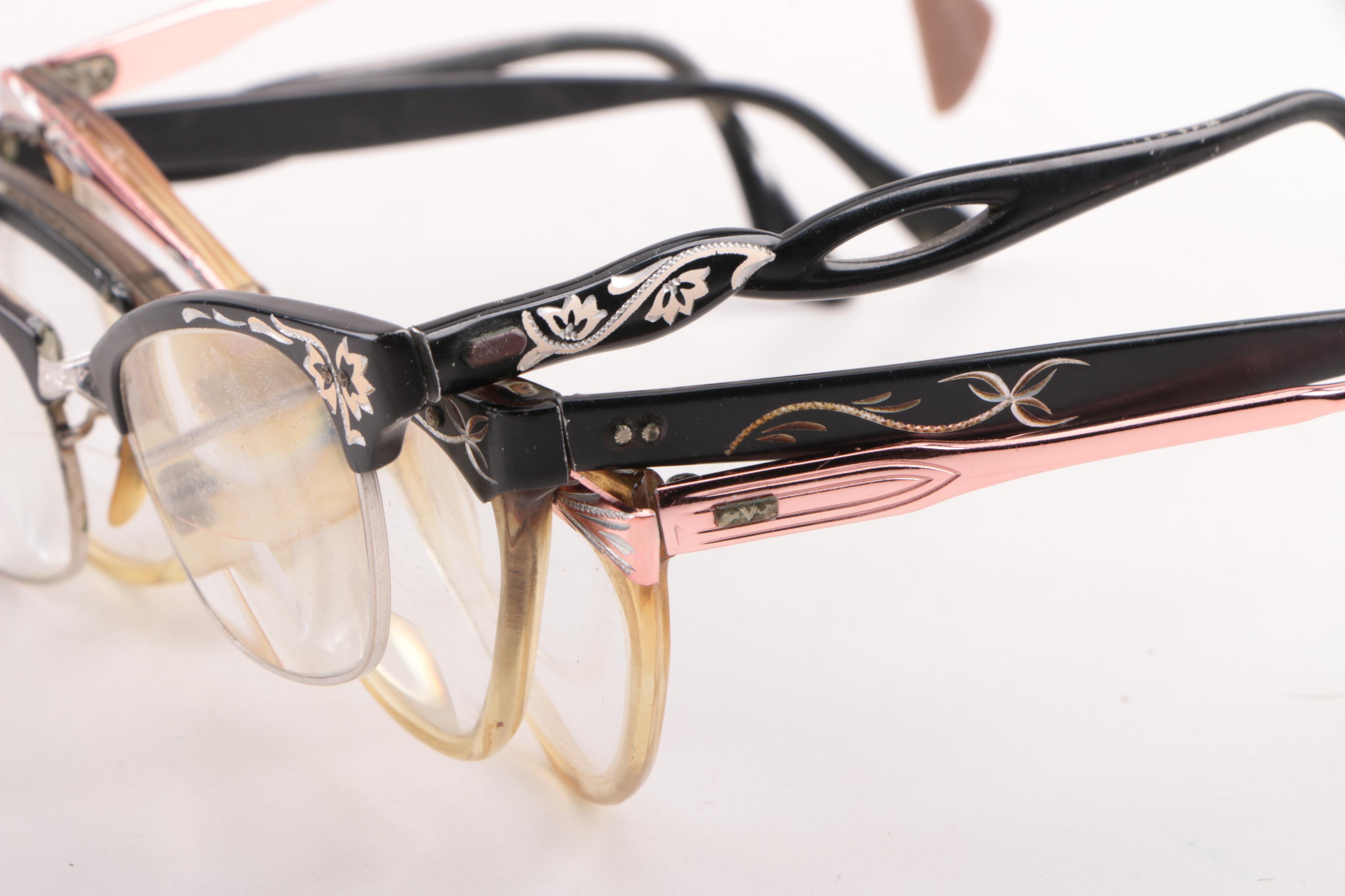 1950s Vintage Etched Cat Eye Prescription Eyeglasses Including Victory
