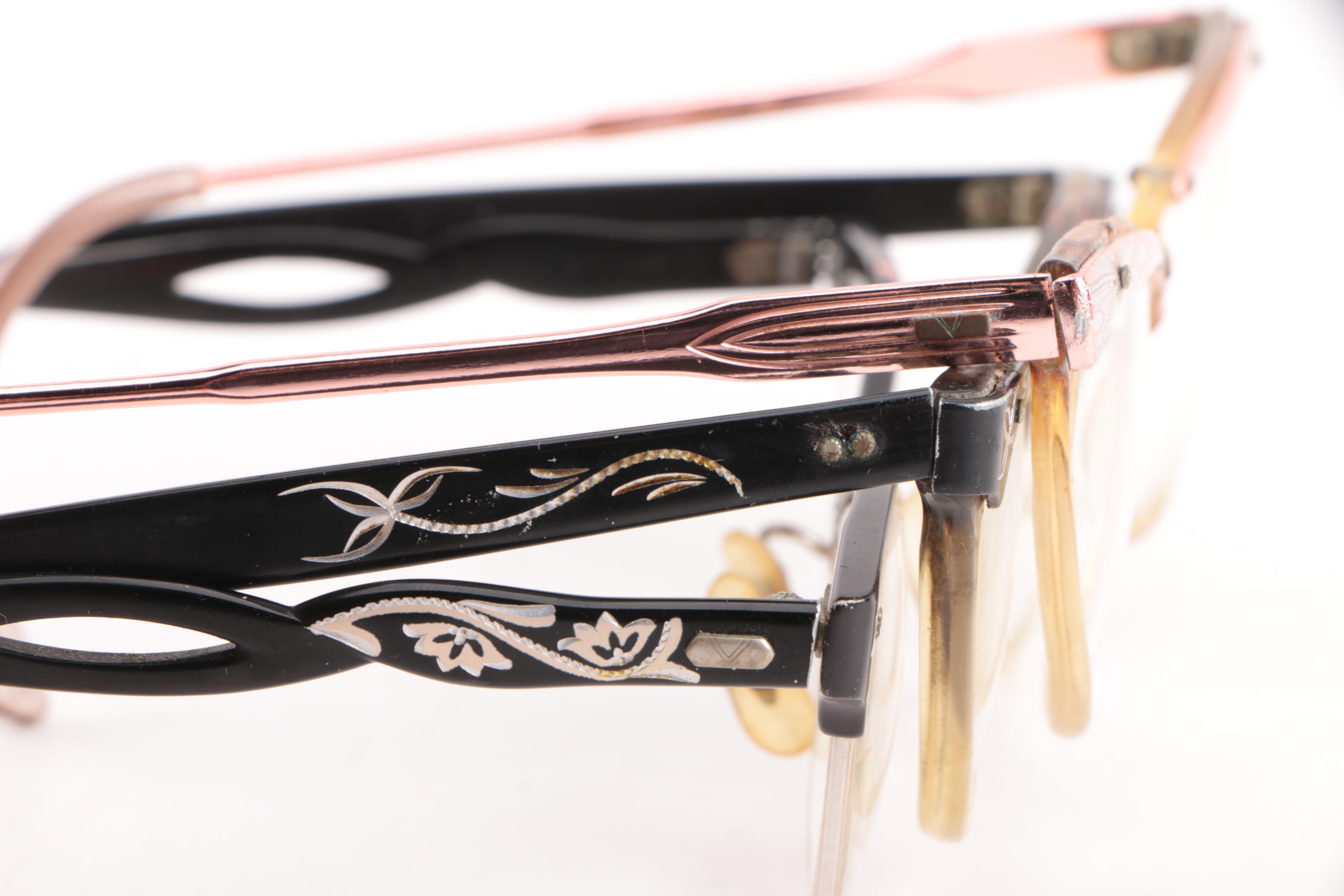 1950s Vintage Etched Cat Eye Prescription Eyeglasses Including Victory