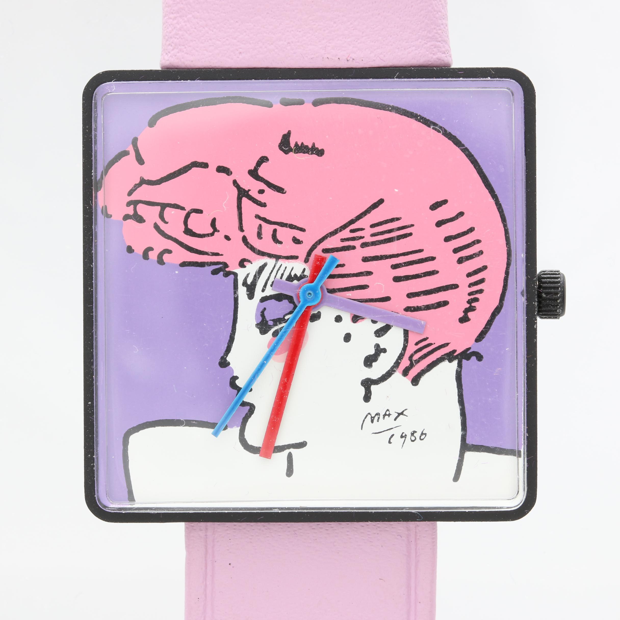 1986 Peter Max Stainless Steel and Leather Watch with Case