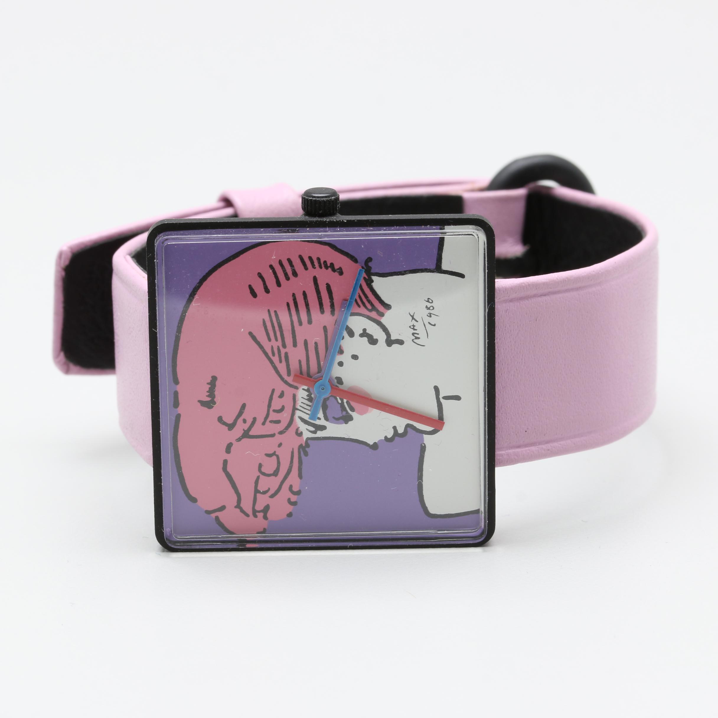 1986 Peter Max Stainless Steel and Leather Watch with Case