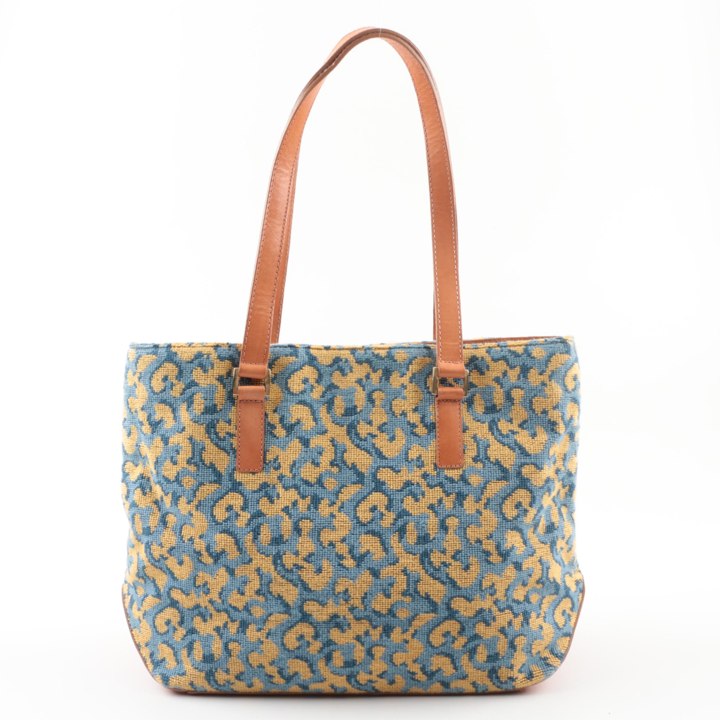 Stubbs & Wootton Palm Beach Blue and Yellow Needlepoint and Leather Shoulder Bag