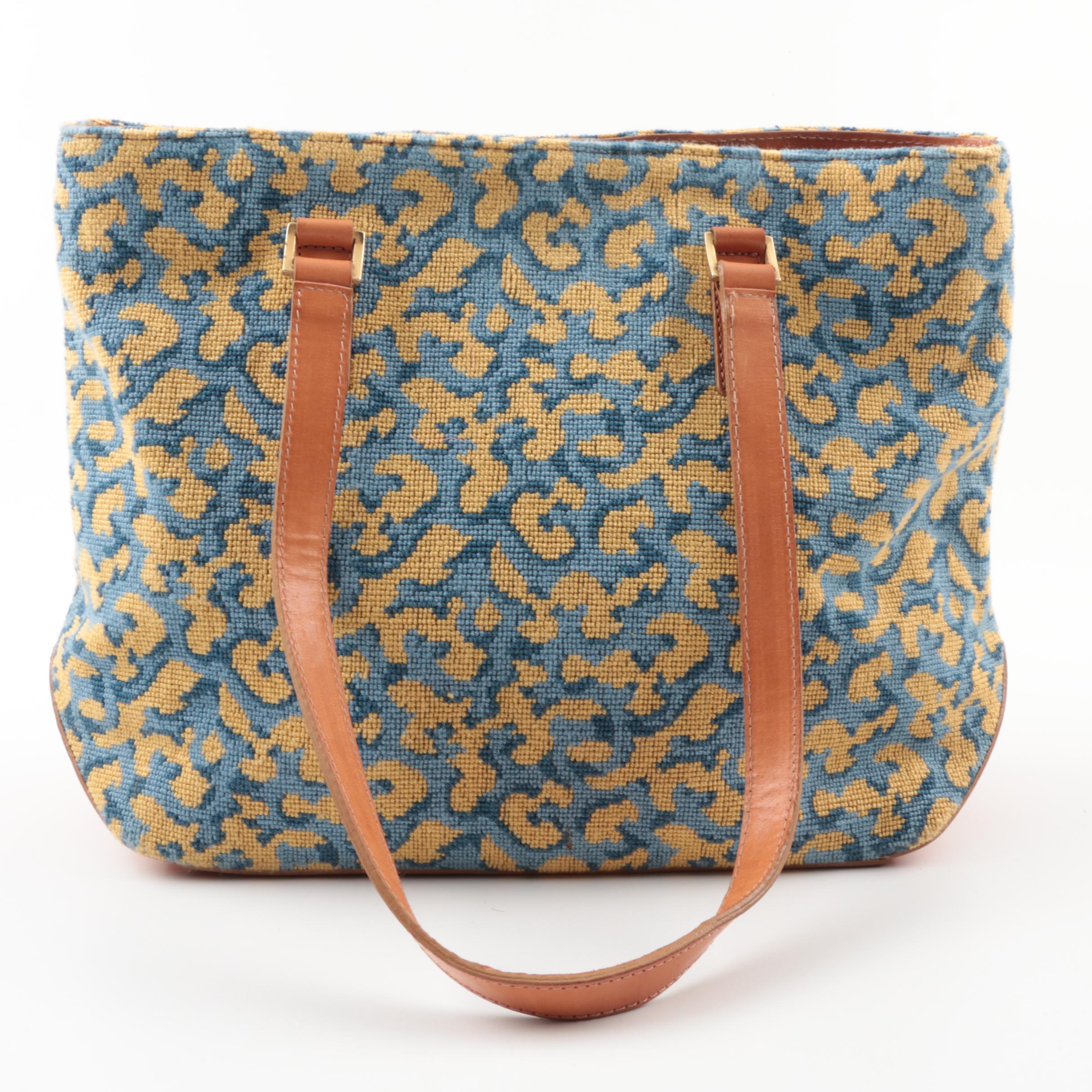 Stubbs & Wootton Palm Beach Blue and Yellow Needlepoint and Leather Shoulder Bag