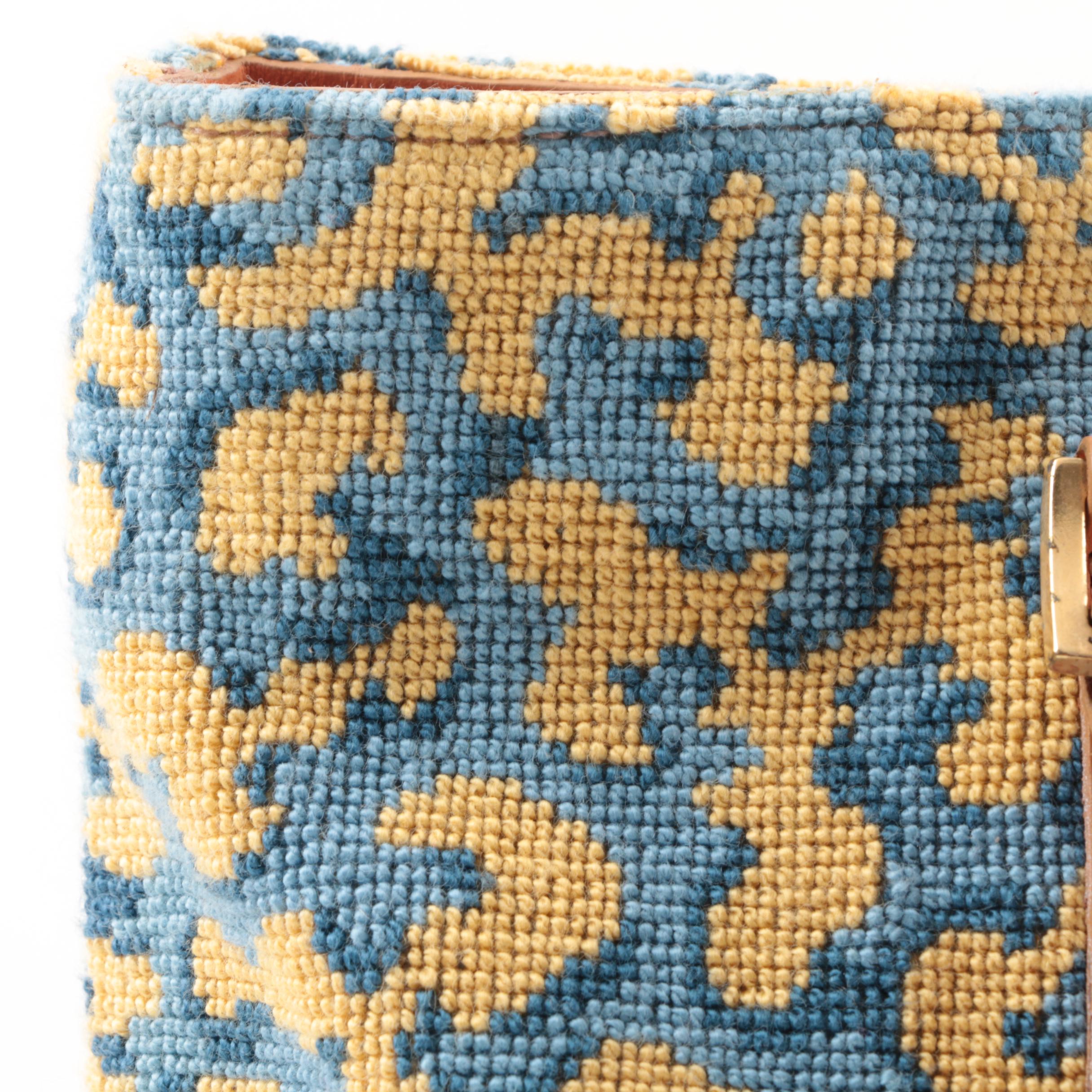 Stubbs & Wootton Palm Beach Blue and Yellow Needlepoint and Leather Shoulder Bag