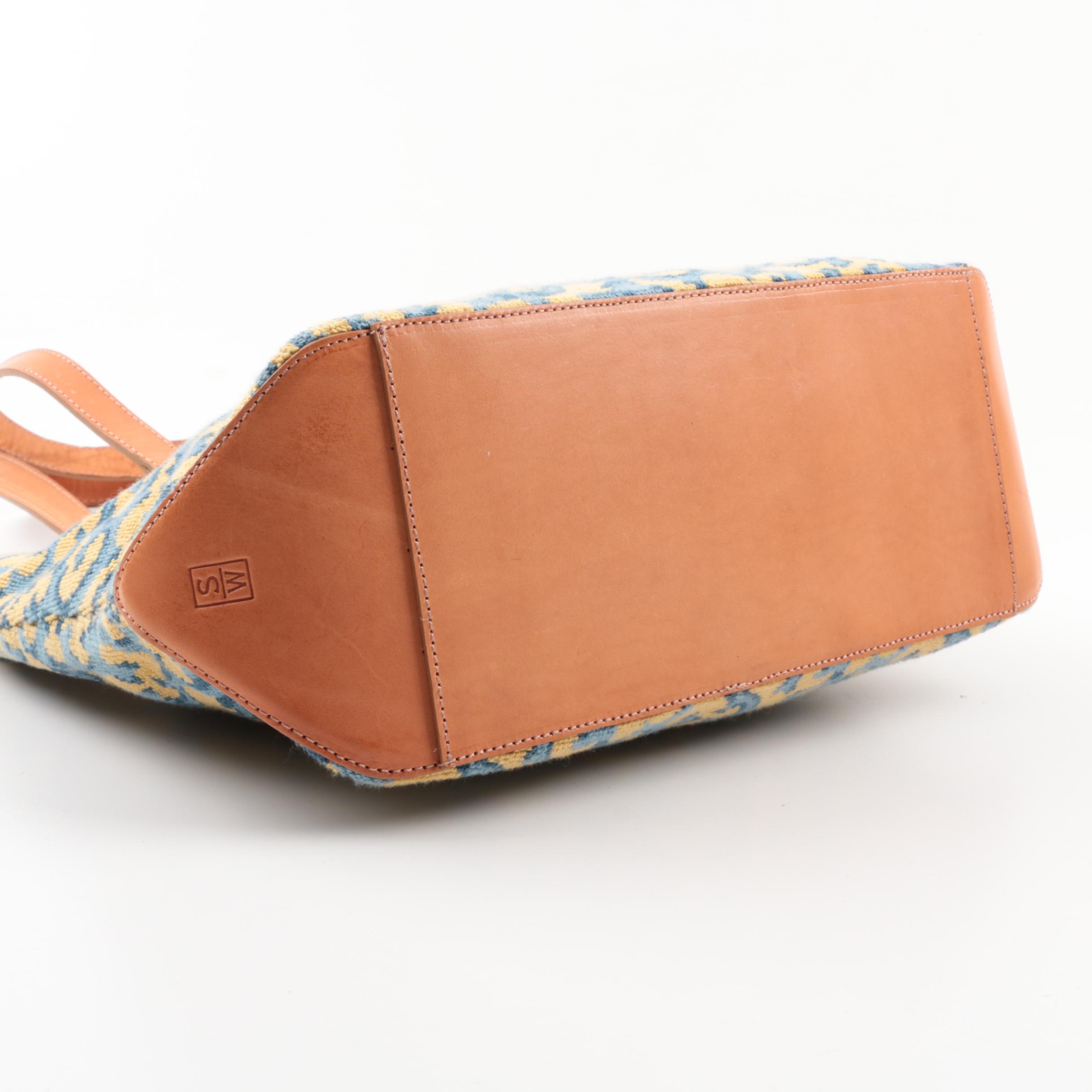 Stubbs & Wootton Palm Beach Blue and Yellow Needlepoint and Leather Shoulder Bag