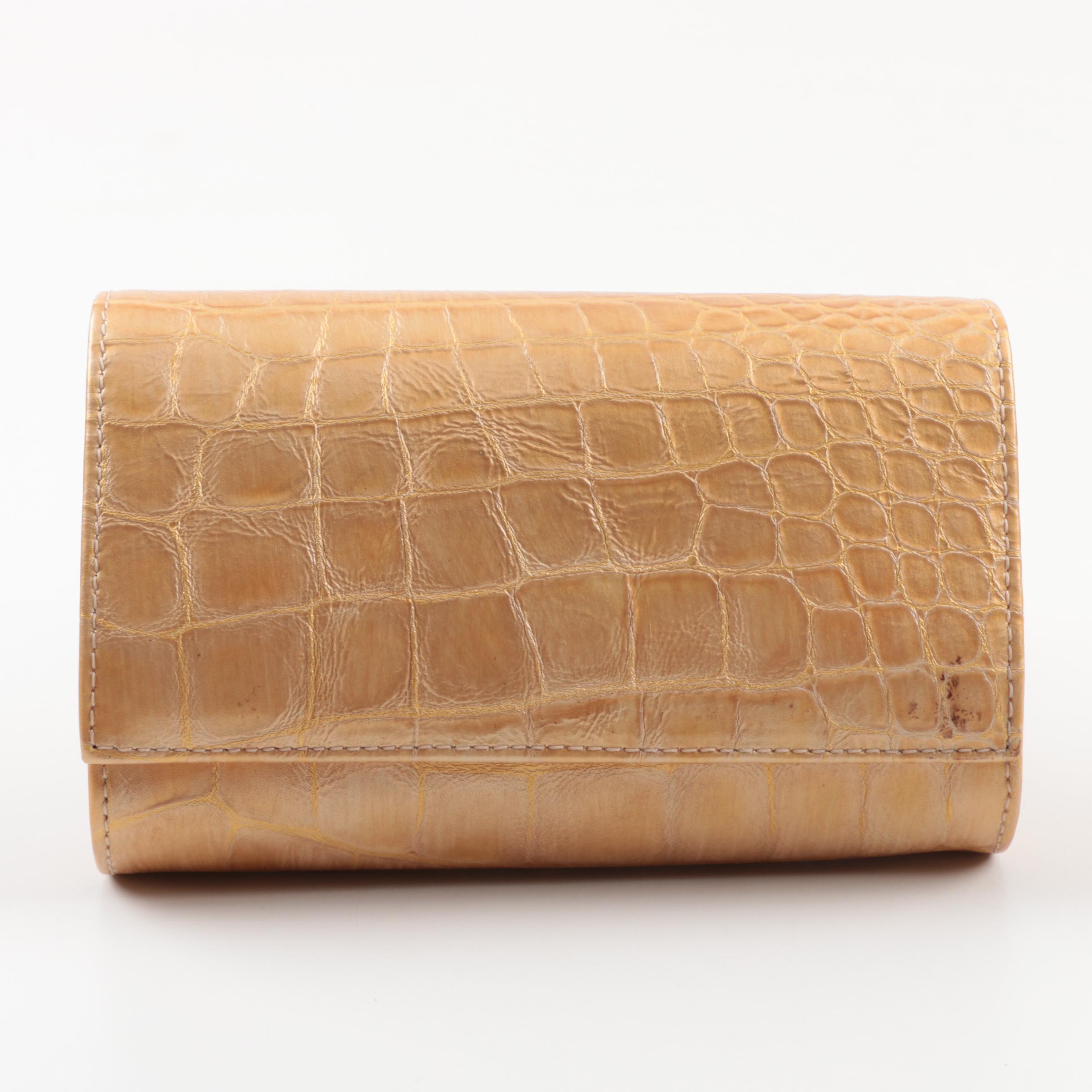 Carlos Falchi Fatto a Mano Alligator Embossed Metallic Gold Leather Clutch Purse