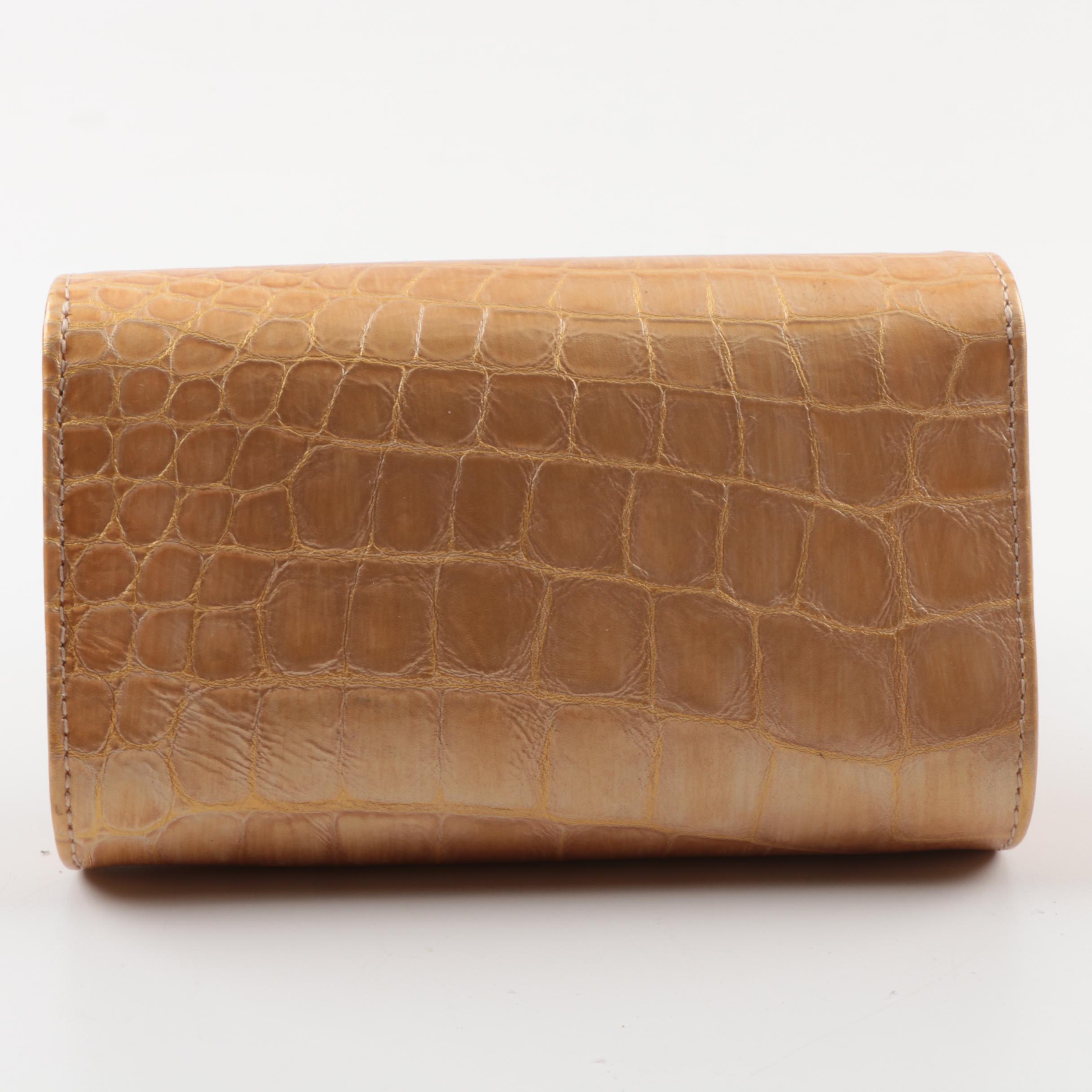 Carlos Falchi Fatto a Mano Alligator Embossed Metallic Gold Leather Clutch Purse